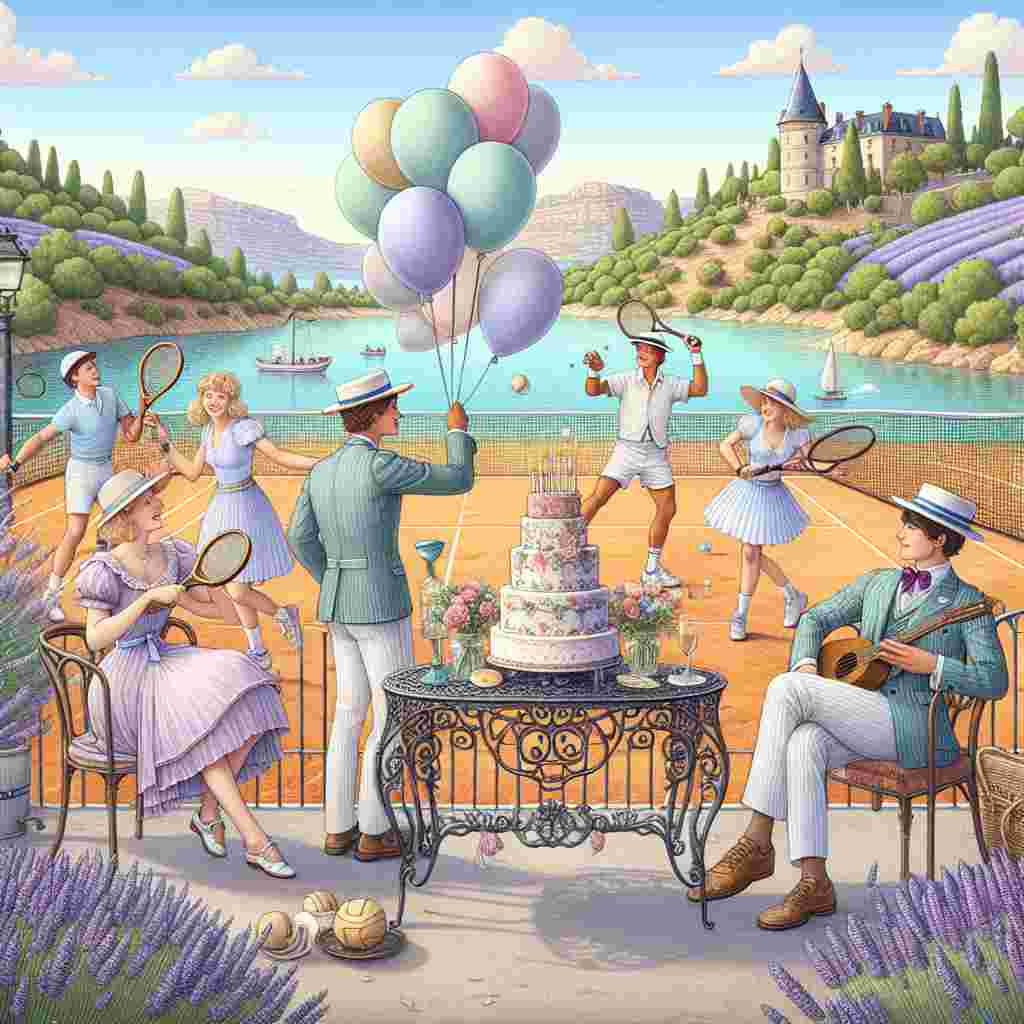 Create a delightful birthday illustration showcasing a fantastical tennis game taking place in a picturesque location in Southern France. Show characters of various genders and descents, dressed in stylish, soft-colored tennis outfits, gleefully playing against a beautiful scenery of lavender fields and a calm azure sea. Incorporate slight birthday themes into the tableau, with balloons attached to old-fashioned tennis rackets and a refined birthday cake delicately presented on an intricate wrought-iron table adjacent to the clay court.
Generated with these themes: Tennis , Fashion, and South of france .
Made with ❤️ by AI.