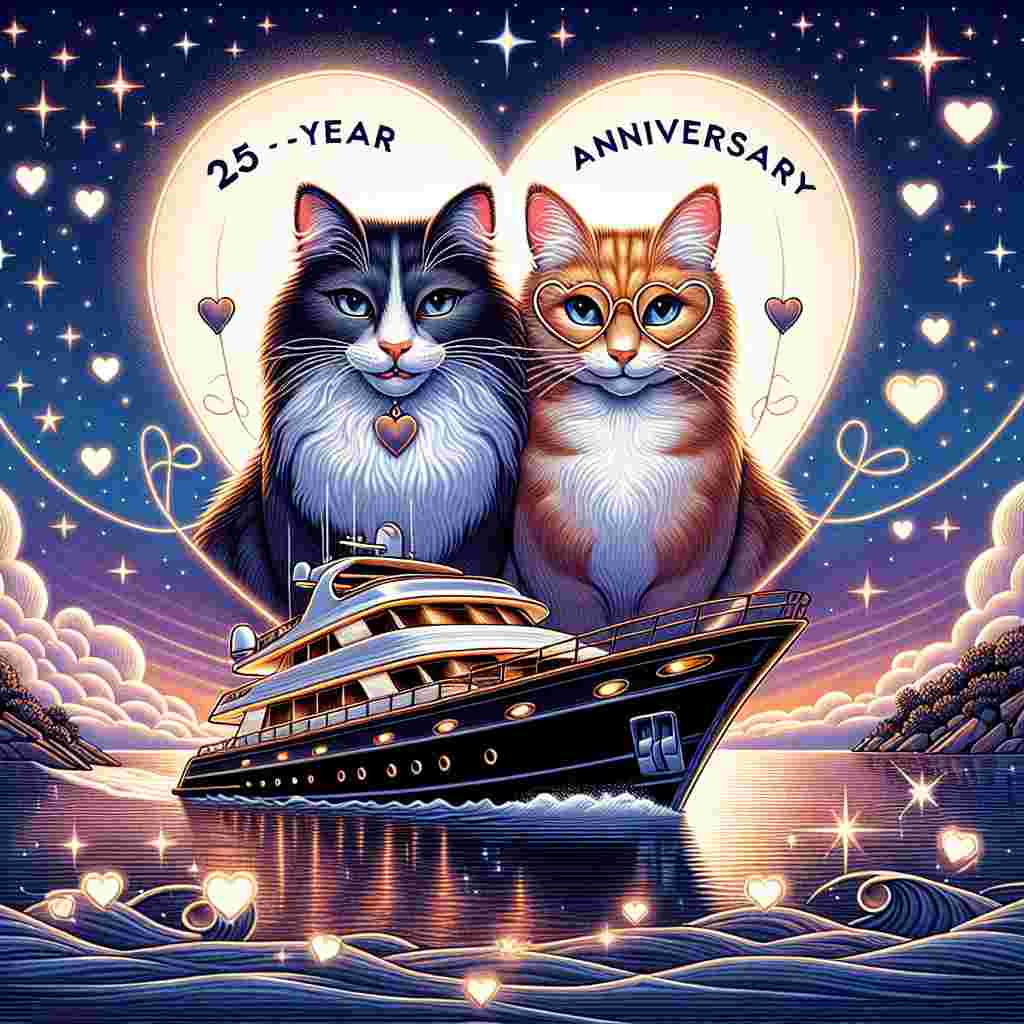An illustration for a 25-year anniversary on Valentine's Day featuring a fabulous yacht cruising under a twilight sky filled with twinkling stars. Harmoniously at the front of the yacht, there is an appealing ginger cat and a refined cat showcasing a combination of black, ginger, and white fur. Both cats are adorably wearing heart-shaped glasses and their tails are lovingly twisted together forming the shape of a heart. The surrounding sea mirrors the amorous vibe with glowing hearts subtly bobbing on the ripples of the sea, alluding a whimsical and heartwarming homage to this special occasion.
Generated with these themes: 25 years Anniversary, Yacht, Ginger cat, Black, ginger and white cat, and Hearts.
Made with ❤️ by AI.