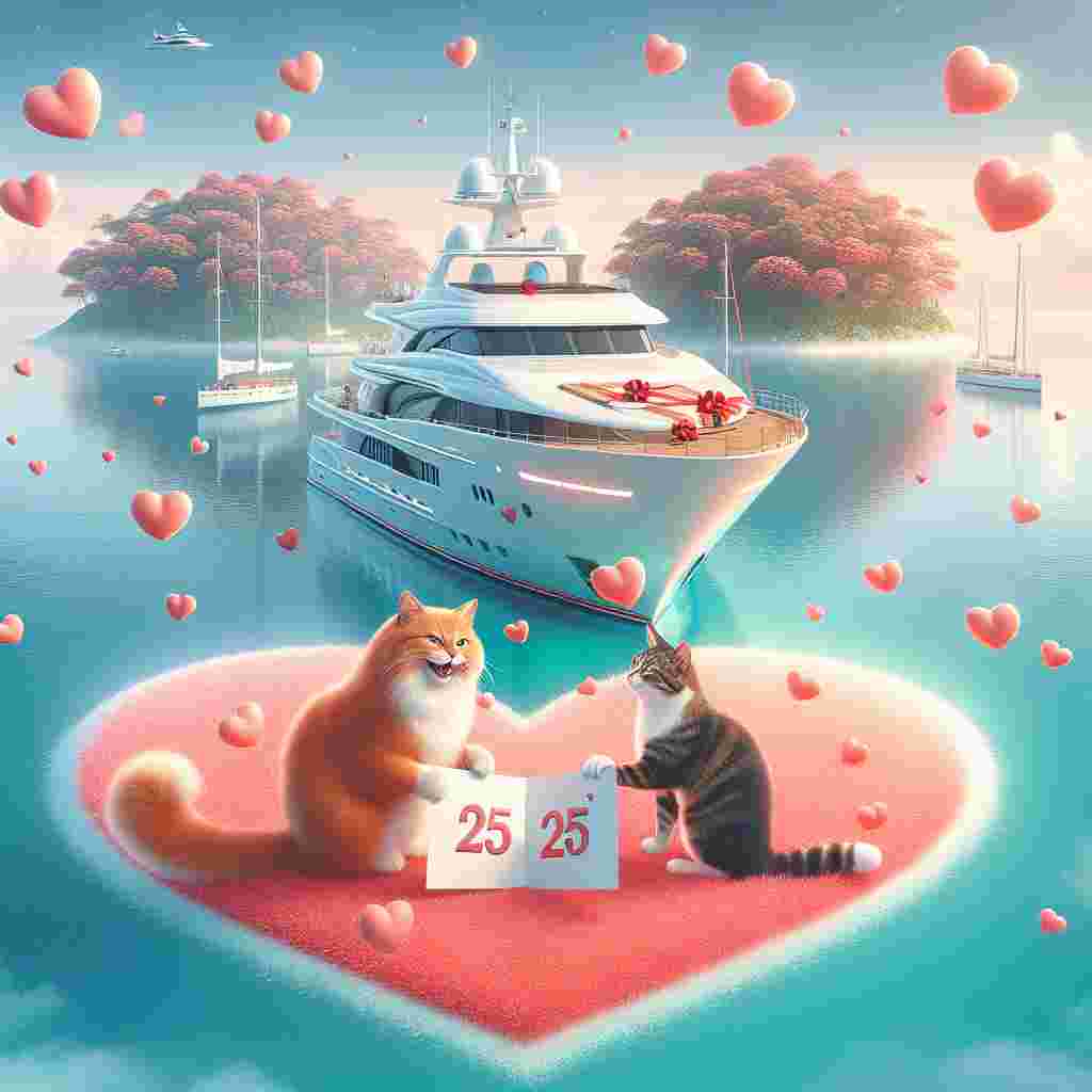 Create an image depicting a tranquil ocean with a luxurious yacht anchored near a beautiful heart-shaped island in honor of a 25 years anniversary celebration. On the yacht's main deck, two merry cats, one being ginger and the other having a mix of black, ginger and white fur, are exchanging heart-shaped cards, their purrs filling the environment. The entire scene is enveloped in delightful ambience with soft pink and red hearts floating in the air, signifying Valentine's Day and a major anniversary milestone.
Generated with these themes: 25 years Anniversary, Yacht, Ginger cat, Black, ginger and white cat, and Hearts.
Made with ❤️ by AI.