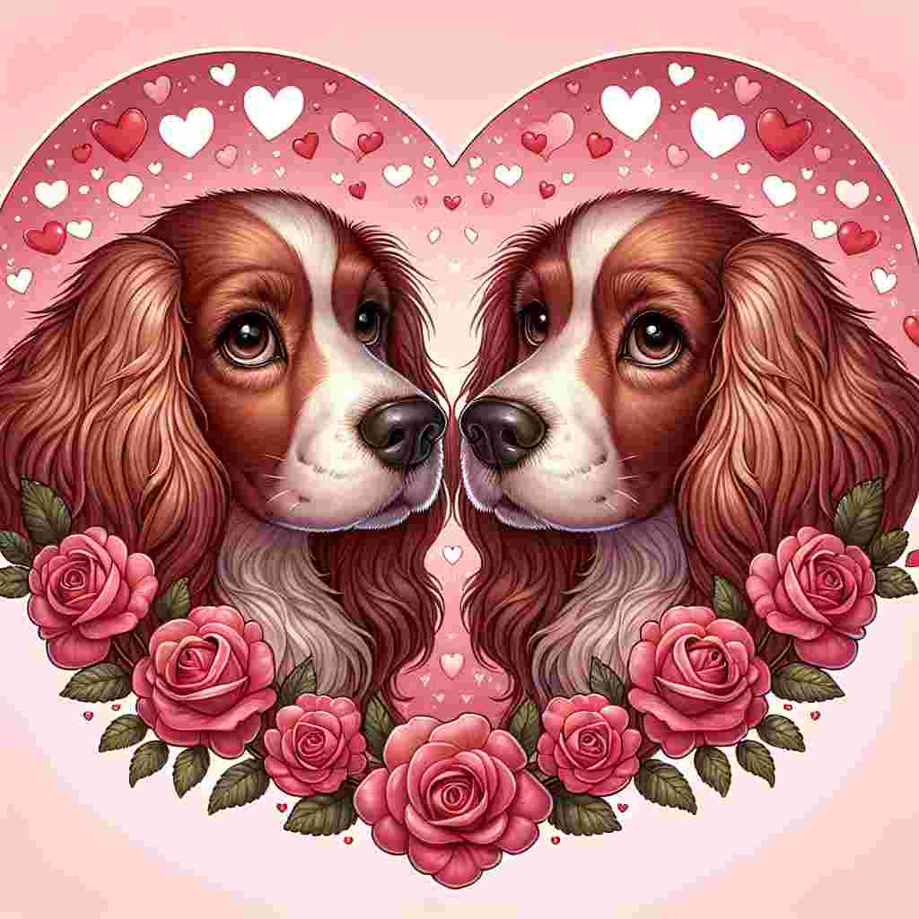 An endearing illustration intended for Valentine's Day that features two lovable spaniels at the center. They are presented with their noses gently touching each other, enclosed within a heart silhouette. The backdrop is outfitted with a soft pink hue, scattered with minor white hearts and vibrant red roses that augment the romantic feeling of the image. The spaniels have droopy ears and inviting eyes full of affection, enhancing the depiction's overall cuteness.
Generated with these themes: Two spaniels .
Made with ❤️ by AI.