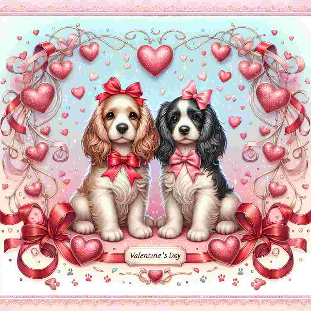 Produce a charming Valentine's Day-themed illustration portraying two adorable spaniels sitting side by side, representing companionship. One of the spaniels sports a vibrant red bow, the other a soft pink one, embodying the spirit of romantic love. Surround them with a creative border composed of intertwined ribbons and hearts, presenting the essence of Valentine's Day. The background is pastel colored, speckled with twinkling sparkles and minuscule paw prints, contributing to a magical setting that perfectly aligns with this day of expressing affection.
Generated with these themes: Two spaniels .
Made with ❤️ by AI.