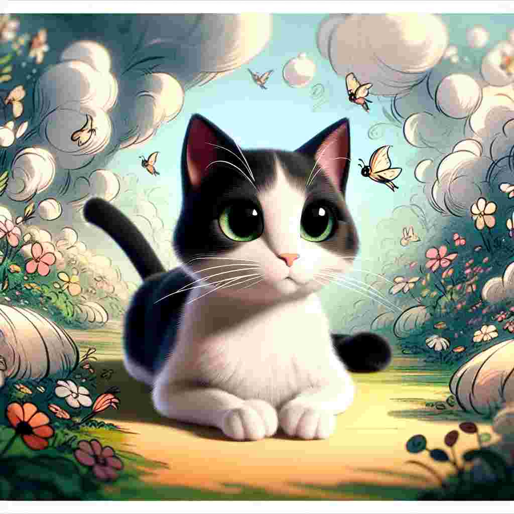 Imagine a delightful animated landscape that centers around an adult domestic shorthair cat of standard built. This charming cat possesses a smooth black and white coat that radiates an atmosphere of gentle elegance. Its striking green eyes are filled with inquisitiveness, as it sits tranquilly amidst the backdrop that, although inspecific, is adorned with delicate, fanciful forms in a variety of hues. The scene should be imbued with classic cartoon characteristics, rendering the image in a light-hearted and fanciful manner.
.
Made with ❤️ by AI.