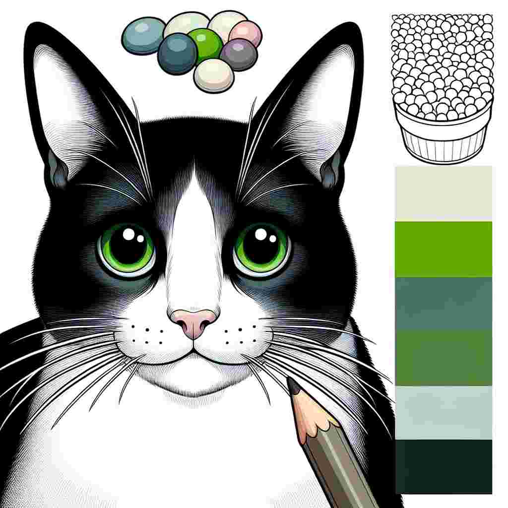 Create a detailed cartoon illustration of a whimsical, undefined world. The central character is an adult domestic shorthair cat with a normal build. Its black and white fur is portrayed using smooth lines, giving it a tidy and well-groomed appearance. The cat's bright green eyes glisten with attention, almost hinting at the brink of an adventure within this playful, undefined setting.
.
Made with ❤️ by AI.