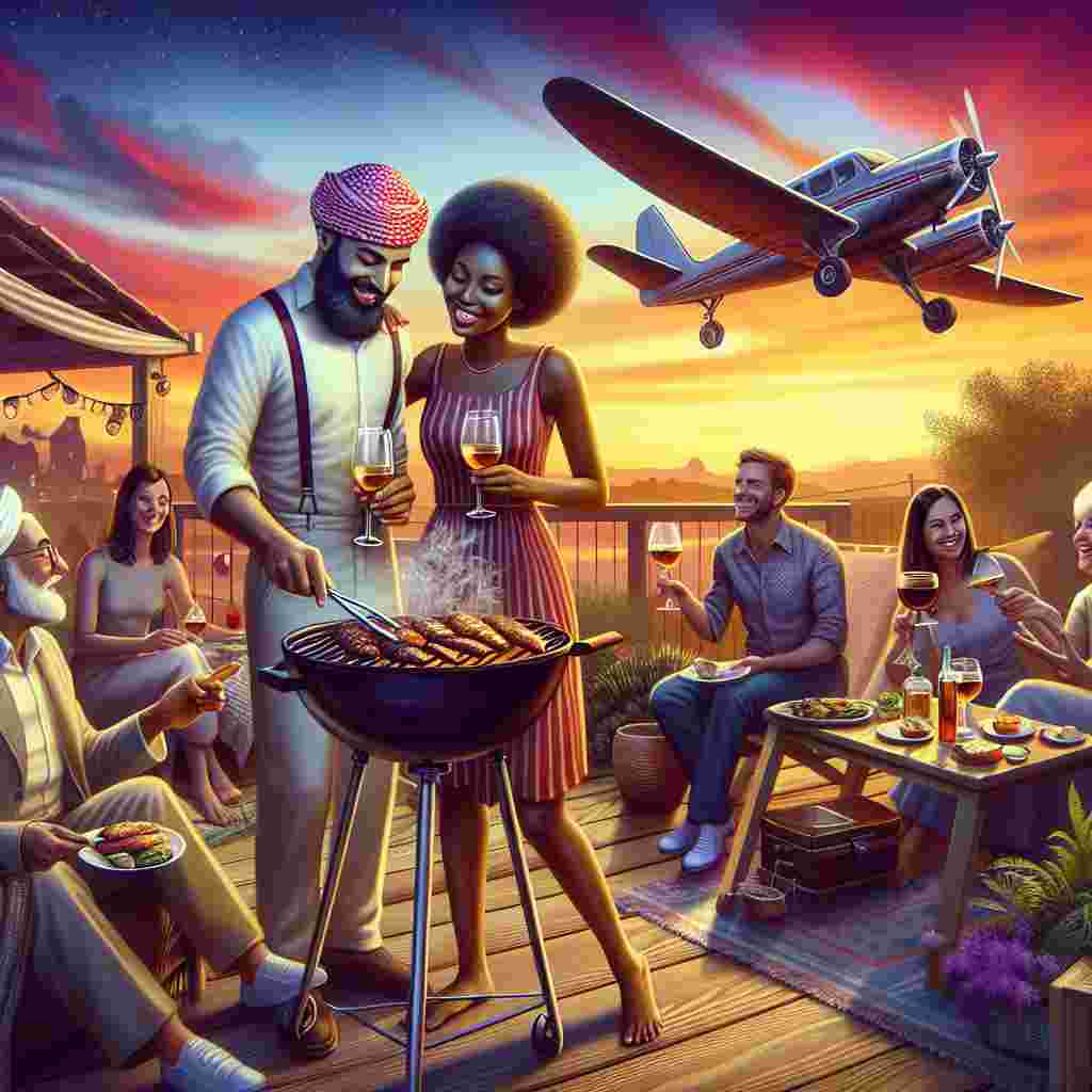 Imagine a cozy patio filled with celebration. A middle-eastern man and a black woman, revel in another year together, surrounded by their multiethnic friends. All are engrossed in the tranquil hum of an overhead propeller plane. The barbecue sizzles passionately, managed with a glossy collection of tools, symbolizing their years of nurtured companionship. The flamboyant sunset cast a radiant glow, reflecting the deep-rooted warmth and affection they share on this sentimental gathering.
Generated with these themes: Barbecue, Tools, and Planes.
Made with ❤️ by AI.