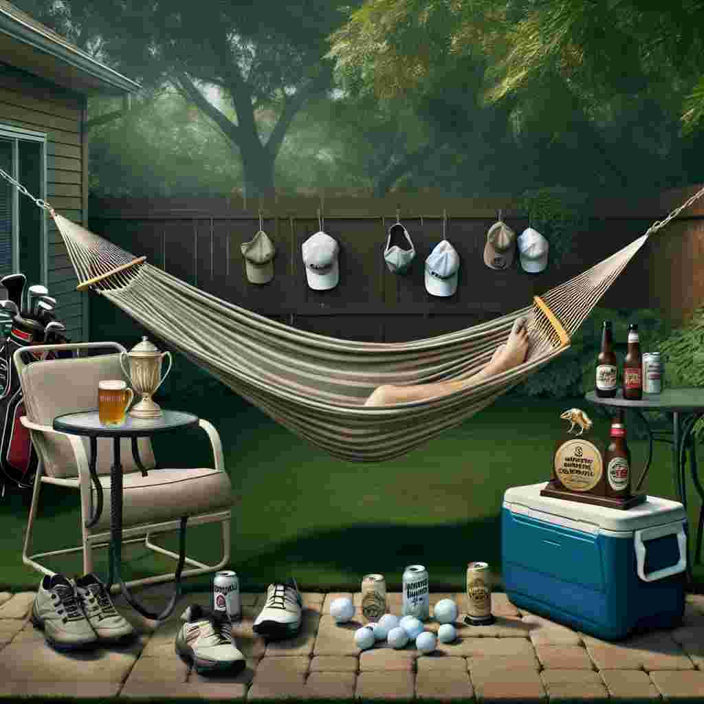 Visualize a tranquil backyard buzzing with the spirit of Father's Day, albeit without the man of the day around. At the heart of the setting is a hammock, gently stirred by the breeze, with a much-used golf cap casually thrown over it–hinting at its erstwhile occupant. Adjacent to it, a cooler is laden with a variety of craft beers, conspicuously left as a testament to a day of rest and recreation. A collection of golf clubs leans against a patio table, distinguished by the presence of a humorous 'Snoring Champion' trophy, a playful nod to the invisible figure's well-known napping expertise. The faint echo of snoring mingles with sporadic bird tweets, forming a serene backdrop that perfectly captures the essence of a relaxed Father's Day retreat.
Generated with these themes: Sleeping, Golf, Beer, Snoring, and Father.
Made with ❤️ by AI.