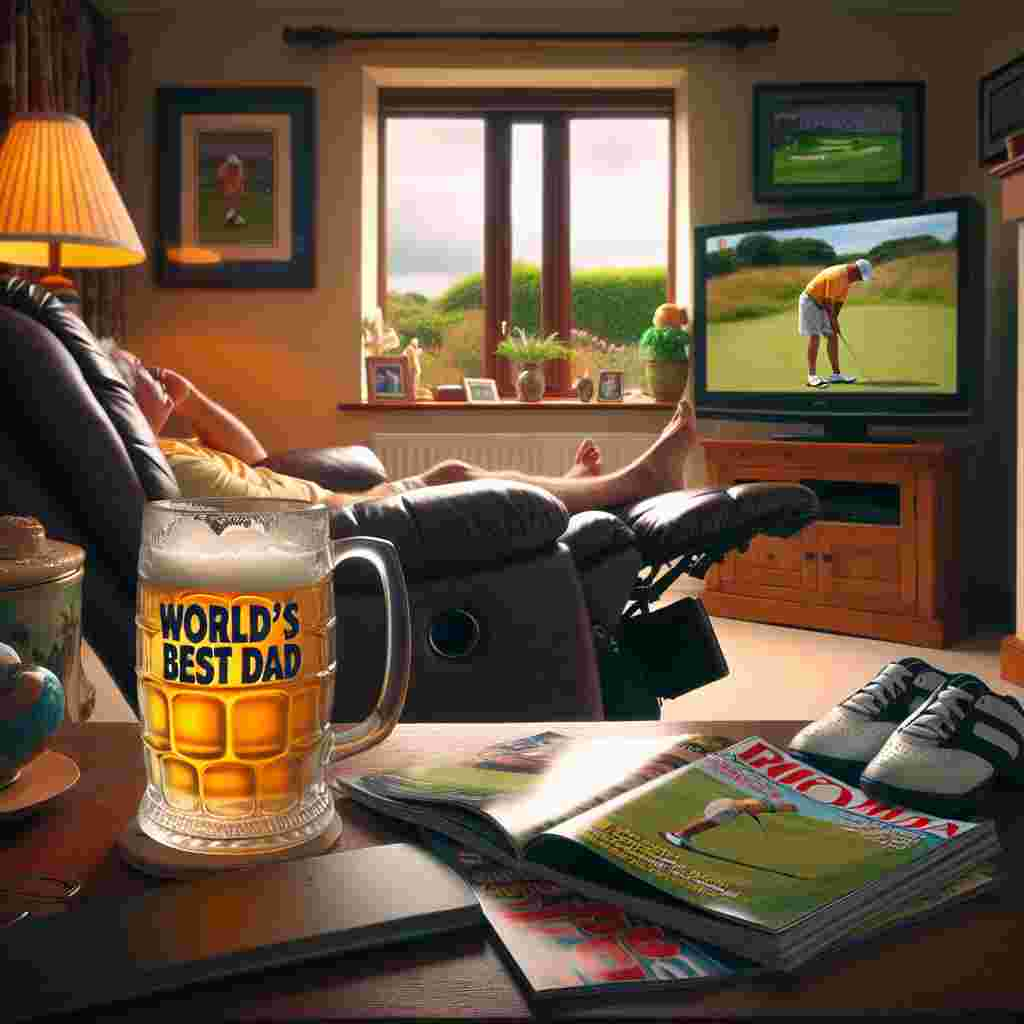 Capture a peaceful living room scene. The tranquility of soft snores filling the air. A comfortable recliner dominates a corner, a portion of its armrest occupied by a 'World's Best Dad' mug, partly filled with a bright, golden beer. Several golf-themed magazines cover the coffee table, reflecting the room occupant's passion for the sport. A pair of well-used golf shoes lie discarded near the coffee table, indicating a recently spent day on the course. A golf tournament is broadcasting on the television set, but the viewer has fallen asleep, a charming detail signifying relaxed Father's Day celebrations.
Generated with these themes: Sleeping, Golf, Beer, Snoring, and Father.
Made with ❤️ by AI.