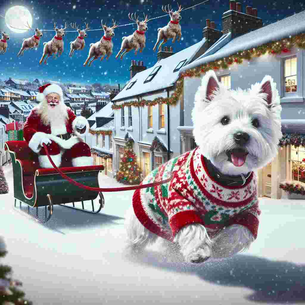 This endearing Christmas-themed illustration captures a cozy, snow-covered Brighton, overseen by a spirited white Westie dog dressed in a yuletide jumper. The Westie is pulling a gleeful Santa in his sleigh, who is busy delivering presents to the anticipatory town below.
Generated with these themes: A cute white westie dog in a christmas jumper is pulling Santa in a sleigh over a christmas snowy scene of Brighton dropping presnts to the town below.
Made with ❤️ by AI.