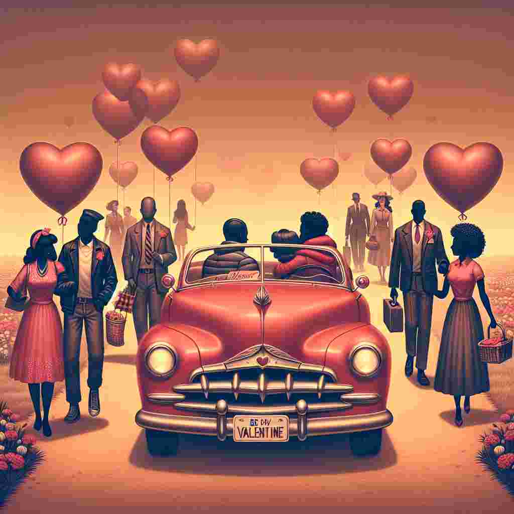 Craft a whimsical illustration suitable for Valentine's Day, set within the atmospheric context of a retro car rally. Use warm, sober hues to grasp the allure of a forgotten era where diverse couples - Asian, Black, Hispanic, Middle-Eastern, and Caucasian - wander hand in hand, appreciating the ornate classic automobiles embellished with ribbons and heart-shaped inflated bags. The centerpiece of this romantic scene is a distinctive candy red classic car from the 1950s, complete with a picnic basket waiting on the back seat and bearing a 'Be My Valentine' moniker on its license plate. This image marries nostalgia and romance in a dreamy composition.
Generated with these themes: looking at vintage cars.
Made with ❤️ by AI.