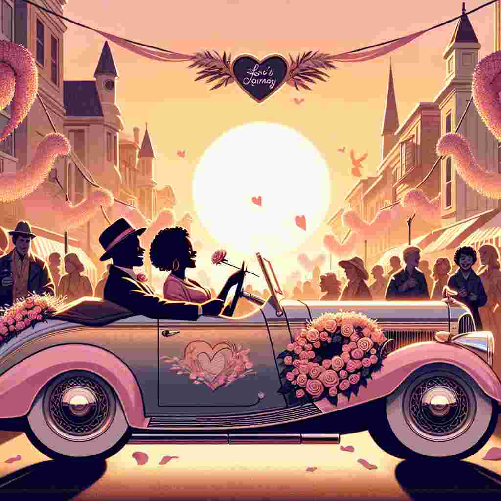 A delightful street scene unfolds on Valentine's Day, highlighted by a parade of vintage cars in pastel colors and adorned with shiny chrome details. A crowd, filled with a sense of enchantment, is drawn towards an old-style roadster, which is beautifully decorated with delicate roses and a hand-painted sign that reads 'Love's Journey.' Behind the wheel, two diverse individuals—a Black woman and a Hispanic man—are sharing an affectionate moment. Their silhouette is perfectly encapsulated against the backdrop of the setting sun.
Generated with these themes: looking at vintage cars.
Made with ❤️ by AI.