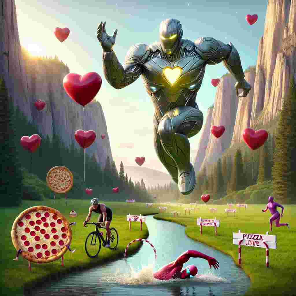 In this Valentine's Day themed artwork, the towering cliffs embrace a clear sky, providing a tranquil backdrop. In the meadow beneath, an armored figure joyfully engages in a triathlon: he swims across a river shaped like a heart, cycles along a path lined with heart-shaped balloons, and runs with a pizza baton in hand as he leaps over cheese-wheel hurdles. The figure's body exudes a metallic sheen, and a glowing emblem radiates from his chest, reminiscent of a certain superhero. The scene wonderfully combines the essence of romance with the thrill of endurance sports.
Generated with these themes: Mountains, Cheese, Running, Cycling, Swimming, Pizza, and Ironman marvel.
Made with ❤️ by AI.