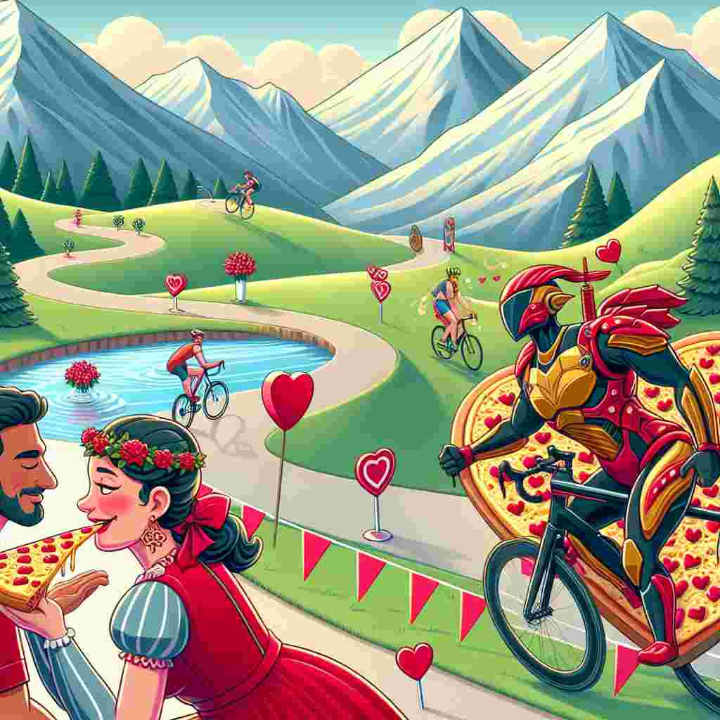 The illustration portrays a delightful Valentine's Day scene amidst the setting of undulating mountains, with a Caucasian man and a Middle-Eastern woman sharing a slice of cheesy pizza in a romantic manner. In the foreground, a charming figure dressed in futuristic red and gold armor participates in a mini-triathlon. The activities include swimming in a heart-shaped lake, cycling along a meandering path that snakes through the picturesque setting, and culminating in a run towards an end line decorated with hearts and symbolic arrows of love and affection.
Generated with these themes: Mountains, Cheese, Running, Cycling, Swimming, Pizza, and Ironman marvel.
Made with ❤️ by AI.