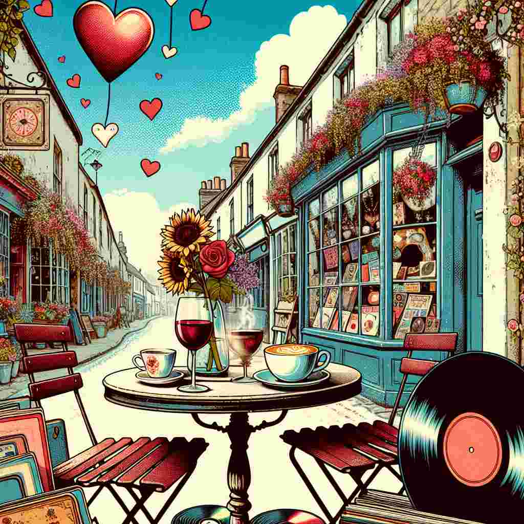 Create a charming Valentine's Day themed illustration of love flourishing outside a quaint café positioned in an old-fashioned English market town street. The two-seater table serves as a cozy sanctuary where a glass of red wine mirrors the pristine blue sky above, and a creamy cappuccino releases an enticing scent. Vinyl records are sprinkled around the scene, suggesting common interests and treasured recollections against a background of thrift shop gems and vivid sunflowers, conveying unbridled affection and radiance on this day devoted to love.
Generated with these themes: Table set for 2 outside a café, Vinyl records, English market town street, One glass of red wine and one cappuccino on the table, Sunflowers, Love, Blue sky, and Charity shops.
Made with ❤️ by AI.