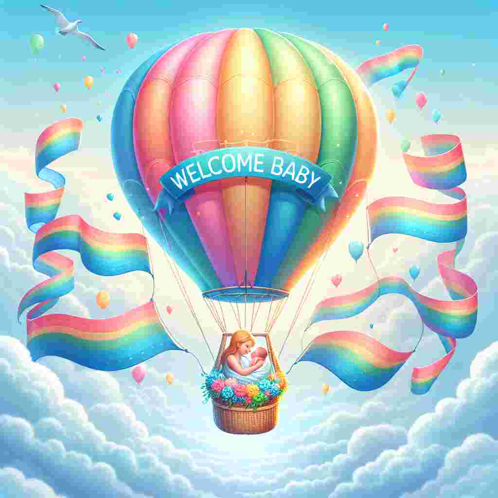 Create a lush vector image to celebrate a new birth. Focus on a bright and multicolor hot air balloon floating in a clear, azure sky with banners streaming behind it, bearing the words 'Welcome Baby'. At the center, in the balloon's gondola, illustrate a mother of Caucasian descent, emanating warmth through her soft smile and tender eyes, cradling her newborn of unspecified gender, signifying eternal maternal affection.
Generated with these themes: Air ballon, and Mother love.
Made with ❤️ by AI.