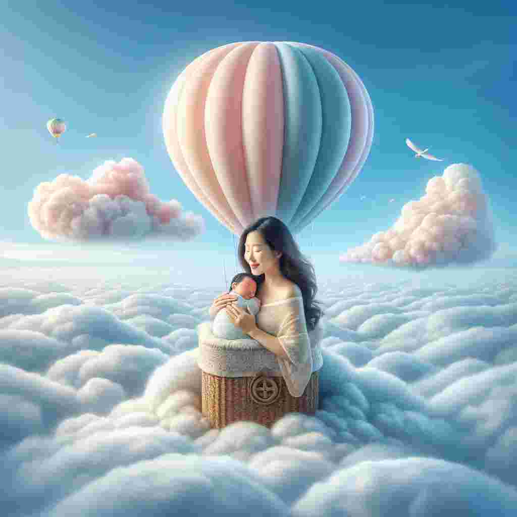 Imagine a tranquil scene where a pastel-colored hot air balloon gently floats amidst pillowy clouds in a clear blue sky. In the snug basket below, an Asian woman with a tender smile softly gazes at her infant, her arms holding her child with protective warmth and affection. This poignant scene encapsulates the profound bond of maternal love. The serene journey of this elaborately decorated balloon symbolizes a joyful celebration of new life.
Generated with these themes: Air ballon, and Mother love.
Made with ❤️ by AI.