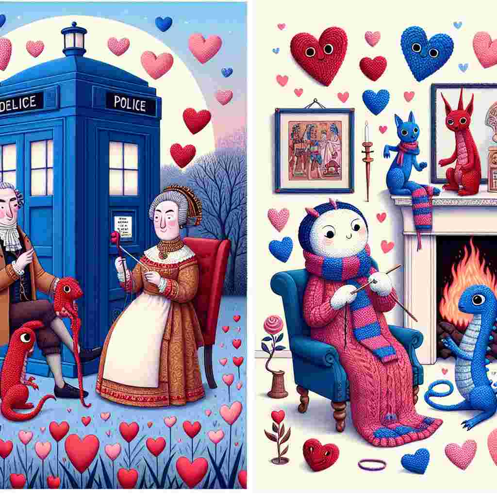 An endearing scene depicts a vintage-style blue police telephone box amid a field of red and pink hearts. Historical personas such as a playwright from the Renaissance era and an ancient Egyptian queen are creatively interpreted as fantasy creature trainers, exchanging creature-inspired Valentines. On one side, a cozy armchair is placed next to a fireplace with a comforting flame, where a plush toy of a whimsical character with signature elbow patches and a floppy bowtie, is busily knitting a scarf in a riot of colors, symbolizing love across time and space.
Generated with these themes: Doctor who, history, pokemon, knitting.
Made with ❤️ by AI.