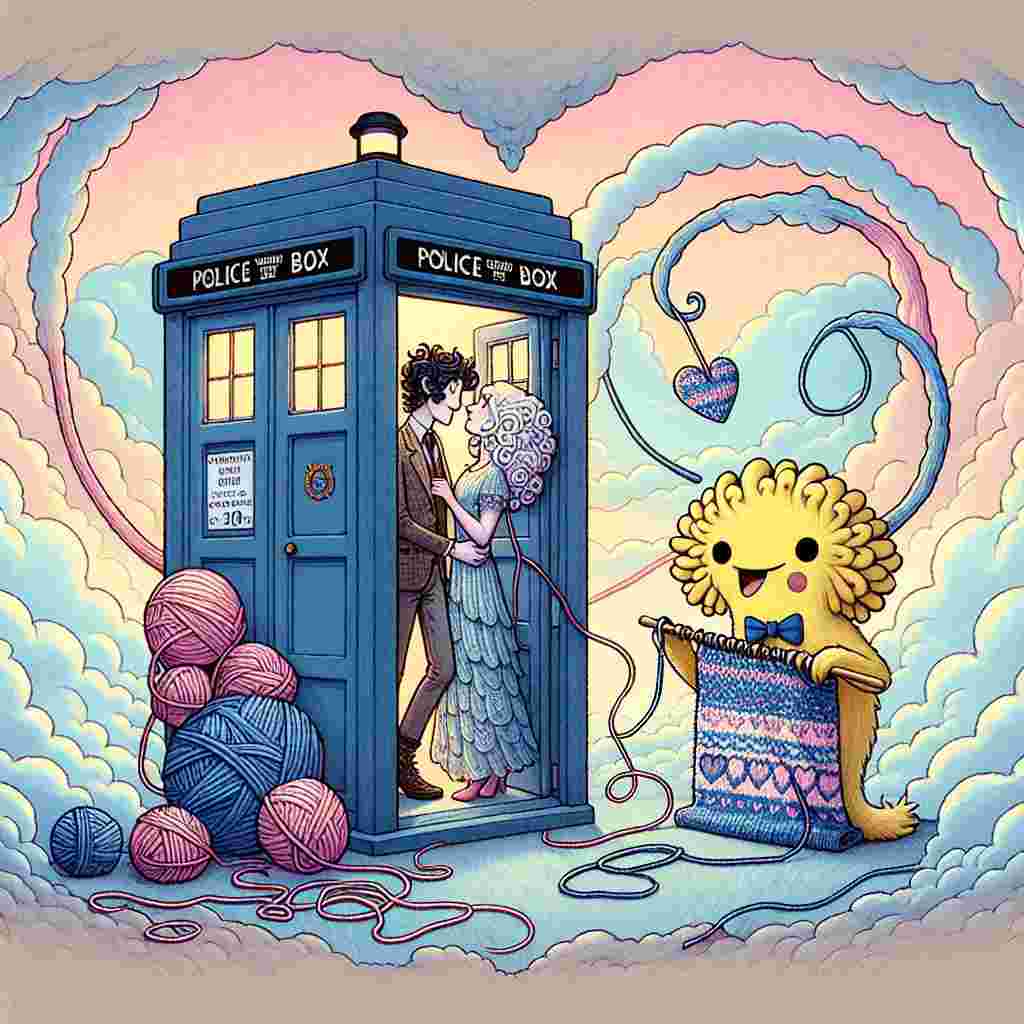 An illustration symbolizing the sentiment of Valentine's Day with a whimsical blend, set against a backdrop of soft, blush-colored clouds. In the foreground, a vintage British police box is open, revealing a couple that mirrors mythological lovers Antony and Cleopatra, reimagined as fantasy creature characters, exchanging an affectionate moment. Around them, strands of yarn float fancifully, stretching to a peaceful edge where a small, cheerful, electric, yellow creature with a bow tie is crafting a heart-shaped patterned blanket, epitomizing the warmth and hospitality of the holiday.
Generated with these themes: Doctor who, history, pokemon, knitting.
Made with ❤️ by AI.