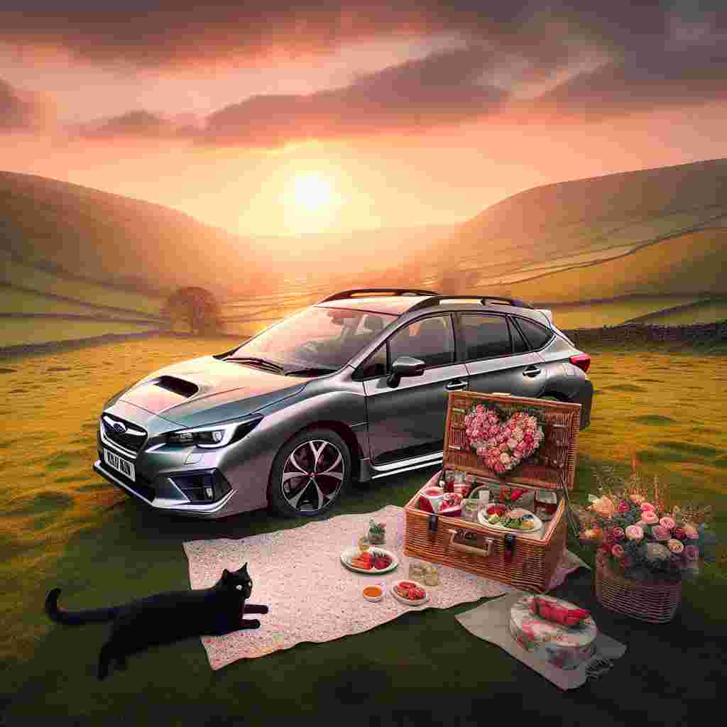 Create a charming image celebrating Valentine's Day located in the serene English countryside. A silver Subaru Impreza estate car is parked in a verdant field, backed by a sunset that paints the landscape with soft hues. The car's rear is laden with a charming arrangement for a picnic, adding to the scene's romantic ambiance. Accompanying this picturesque arrangement is a black cat resting next to a floral-patterned picnic blanket. This heartwarming scene perfectly blends elements of romance, friendship, and celebration.
Generated with these themes: Light silver subaru impreza estate , English field, Picnic, and Friendly black cat.
Made with ❤️ by AI.