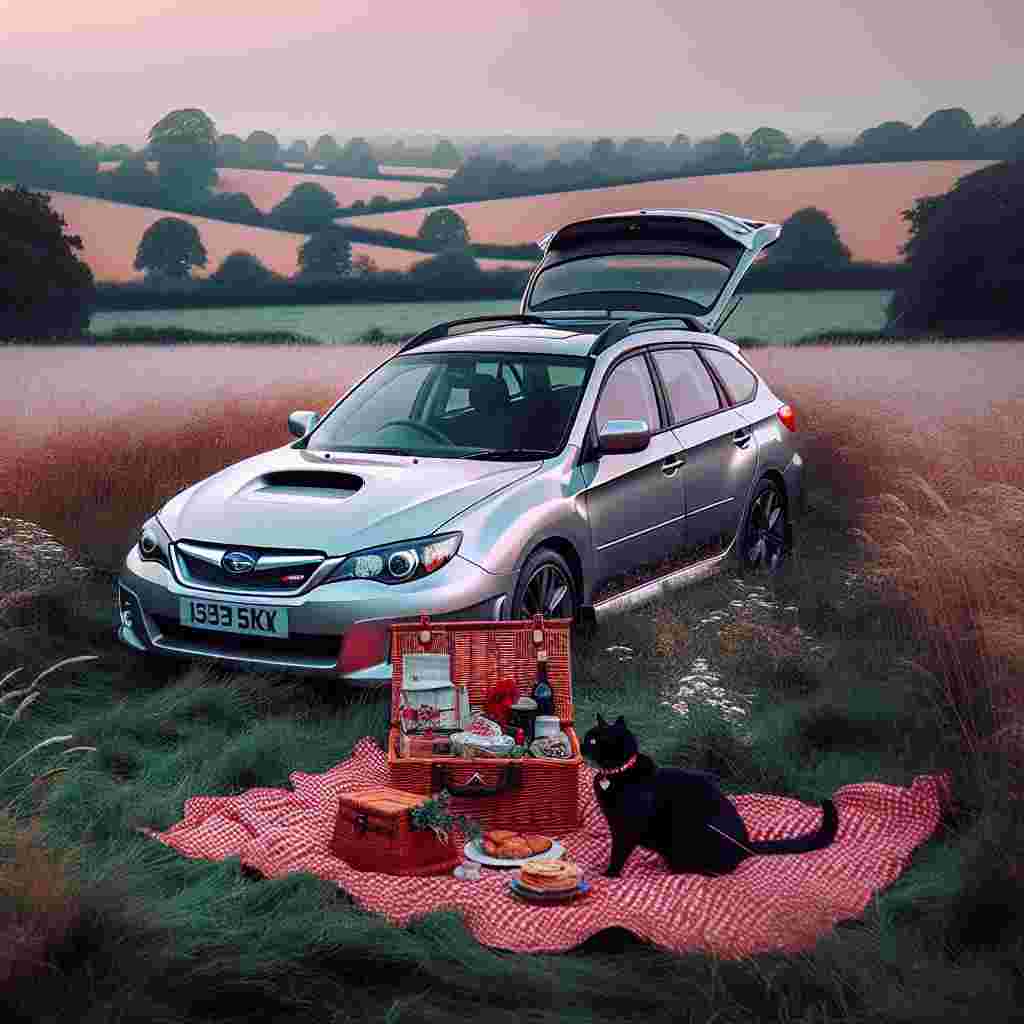 Create a heartwarming Valentine's Day scene set in a splendid English field blanketed under the soft tones of dusk. In the center of the scene, there's a light silver Subaru Impreza estate car with its hatch open, showing a cozy picnic setup. This includes a red-and-white checkered blanket and a basket filled with an assortment of treats. Adding a playful charm to the scene is a friendly black cat, its collar adorned with a heart-shaped tag, weaving around the vehicle. The field around the car is filled with gently swaying grass and sprinkled with wildflowers, embodying a serene and romantic getaway.
Generated with these themes: Light silver subaru impreza estate , English field, Picnic, and Friendly black cat.
Made with ❤️ by AI.