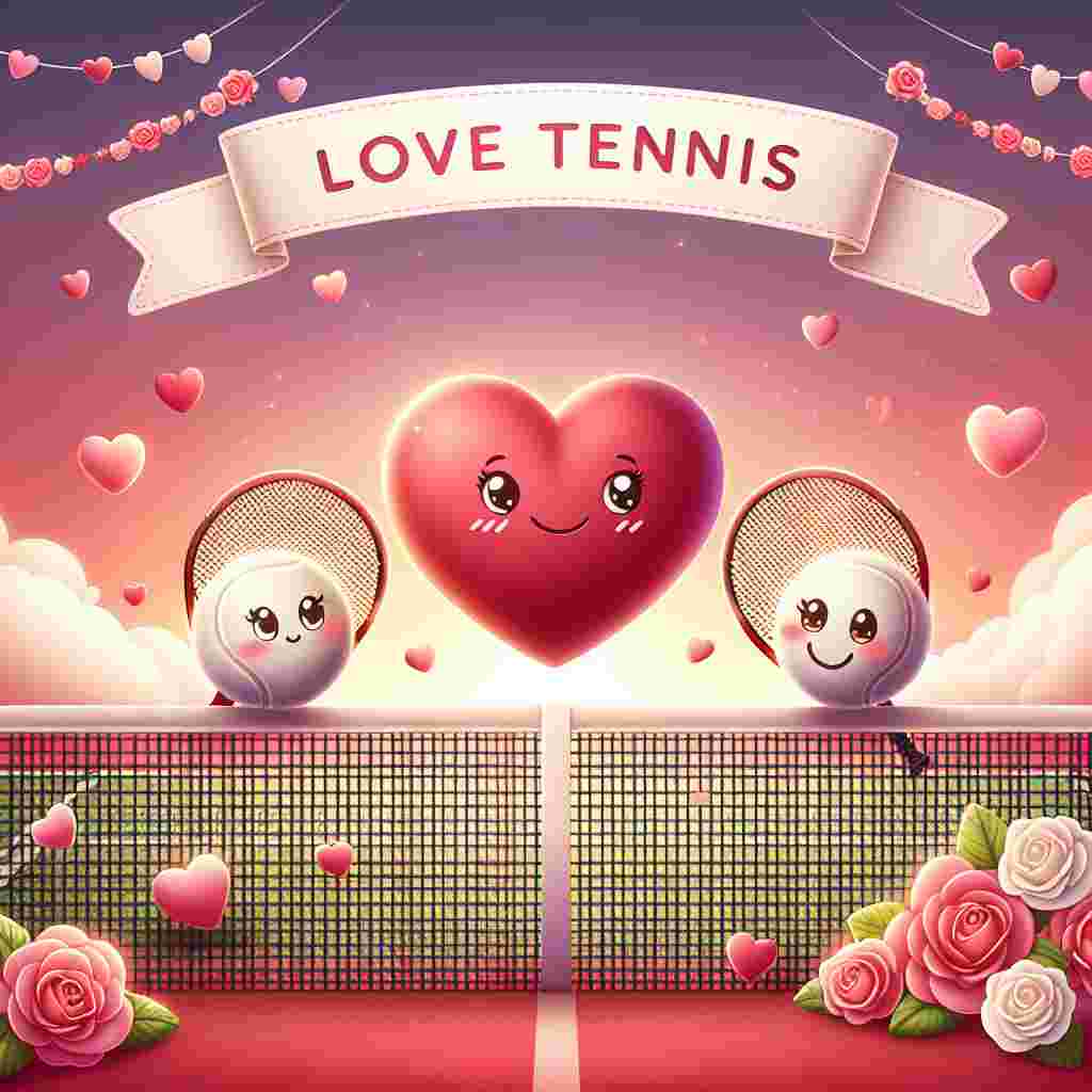 Create an image that shows a beautiful tennis court with a Valentine's theme. The central focus of the image is a heart-shaped tennis ball being lightly thrown by two cartoon racquets displaying a mild blush and cute smile. The net on the court is fancifully adorned with soft pink and red roses. The background displays a gradient of warm Valentine colors such as reds, pinks, and purples. A banner above the scene that says 'Love Tennis' is in a whimsical and romantic font setting the mood of love and the sport itself.
Generated with these themes: Love tennis.
Made with ❤️ by AI.