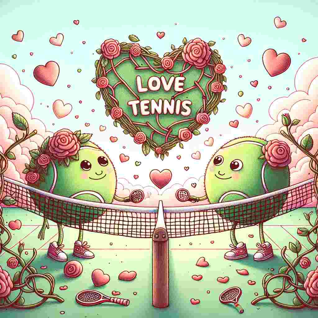 Create an endearing illustration for Valentine's Day, depicting a fanciful tennis match. There are two cute characters constructed from tennis balls, eyeing each other lovingly across a net adorned with intertwined roses and hearts. The surroundings are dotted with Valentine's day themed confetti. Above this scene, observe a message written in the sky, stating 'Love Tennis,' contained within a cloud formed like a heart. The entire image should maintain a soft pastel color scheme, projecting a romantic vibe while revering the enthusiasm for the sport of tennis.
Generated with these themes: Love tennis.
Made with ❤️ by AI.