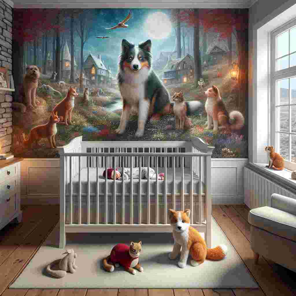 Visualize a quaint nursery room where the magic of enchanting fictional characters spring to life through a mural that serves as the backdrop for a crib. Next to the crib stands a vibrant stuffed border collie toy, vigilantly protecting with a watchful gaze. Perched on the windowsill, a realistic cat figurine adds a finishing touch to the family of friendly critters. At the center of this setting, a baby is swaddled comfortably inside the crib, embraced by an environment bursting with soft textures and warm figures.
Generated with these themes: Disney, Border collie, Cat, and Baby.
Made with ❤️ by AI.