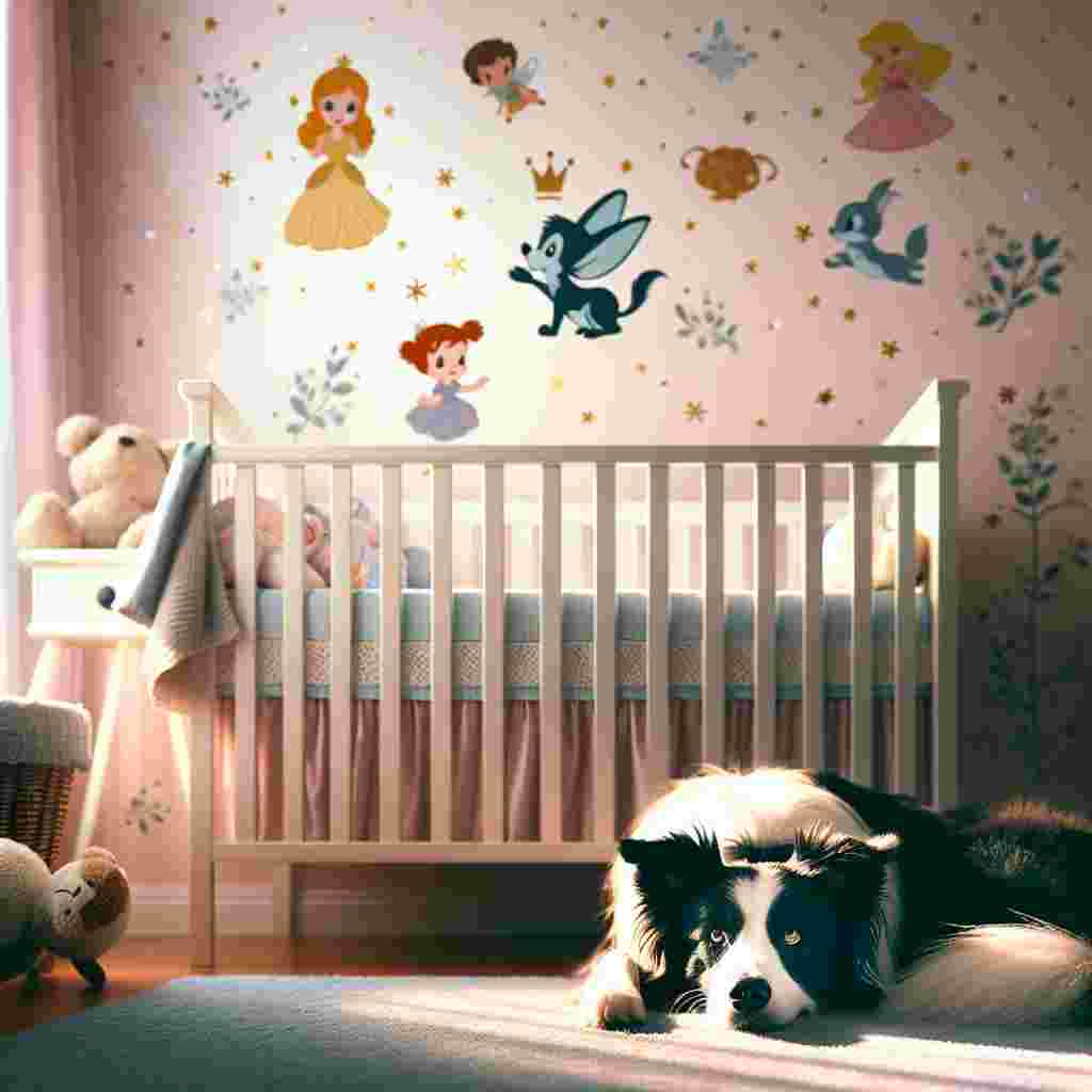 Create a heartening image of a serene nursery bathed in soft light. The room is dominated by a protective Border Collie lying beside an infant's crib, its observant eyes keenly focused on the newborn. Instead of Disney character decals, let's imagine encompassing a sense of whimsy by means of generic fairytale character decals cheerily sprinkled across the walls. In this magical ambiance, a soft cat toy reclines on a nearby changing table serving as a charming reminder of a furry friend, adding to the overall calm and joyous welcome of a new life.
Generated with these themes: Disney, Border collie, Cat, and Baby.
Made with ❤️ by AI.