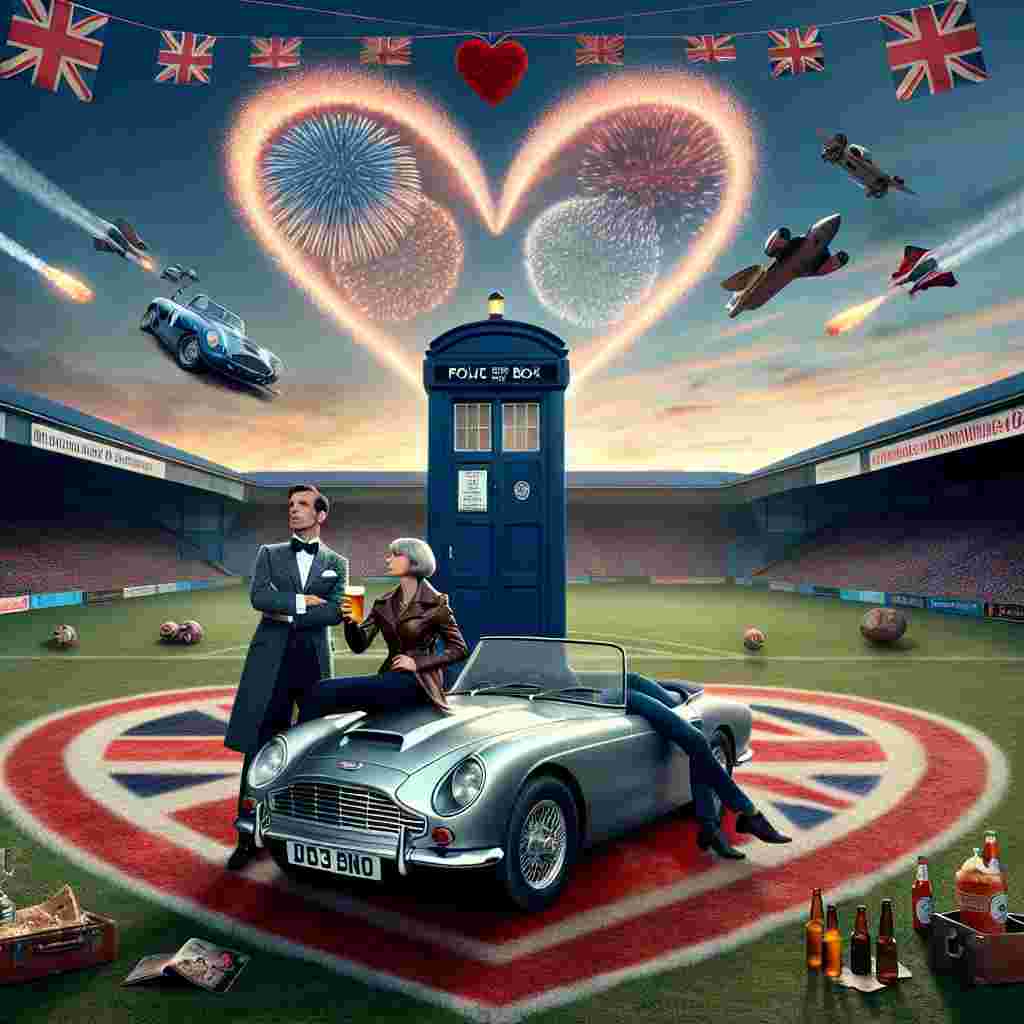 Visualize a scene with a vintage British police box, indicative of a particular time-traveling series, standing proudly in the middle of a heart-shaped football field. At the edge of this unique setting, there's a classic silver sports car, reminiscent of a famous spy franchise. A duo, construed as a quirky man with frock coat and bowtie and a modern young woman with a leather jacket, are comfortably positioned atop this luxurious vehicle. Above, banners flaunting unidentified sport team emblems dance with the calm winds. The surroundings are littered with refreshment bottles, one frothy beer is being held by the elegant man, as they raise a toast to affection under a mesmerizing spectacle of heart-shaped fireworks illuminating the sky.
Generated with these themes: Dr who, football, James bond car, beer.
Made with ❤️ by AI.