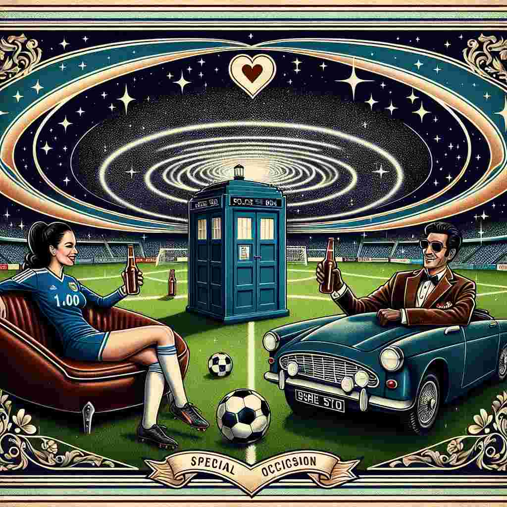 In this romantic themed illustration for a special occasion, an imaginative soccer field is framed by a circular ribbon inspired by a representation of space-time, with a vintage British police box located in the center of the field. A classic coupe car from spy shows has been artistically transformed into a vintage love seat, where a couple, a Hispanic woman dressed in a soccer jersey and a South Asian man sporting spy gear, are seen relaxing, clinking their beer bottles together. The backdrop sparkles with stars, as an homage to British sci-fi shows, while the borders of the depiction feature delicate heart and soccer symbols.
Generated with these themes: Dr who, football, James bond car, beer.
Made with ❤️ by AI.
