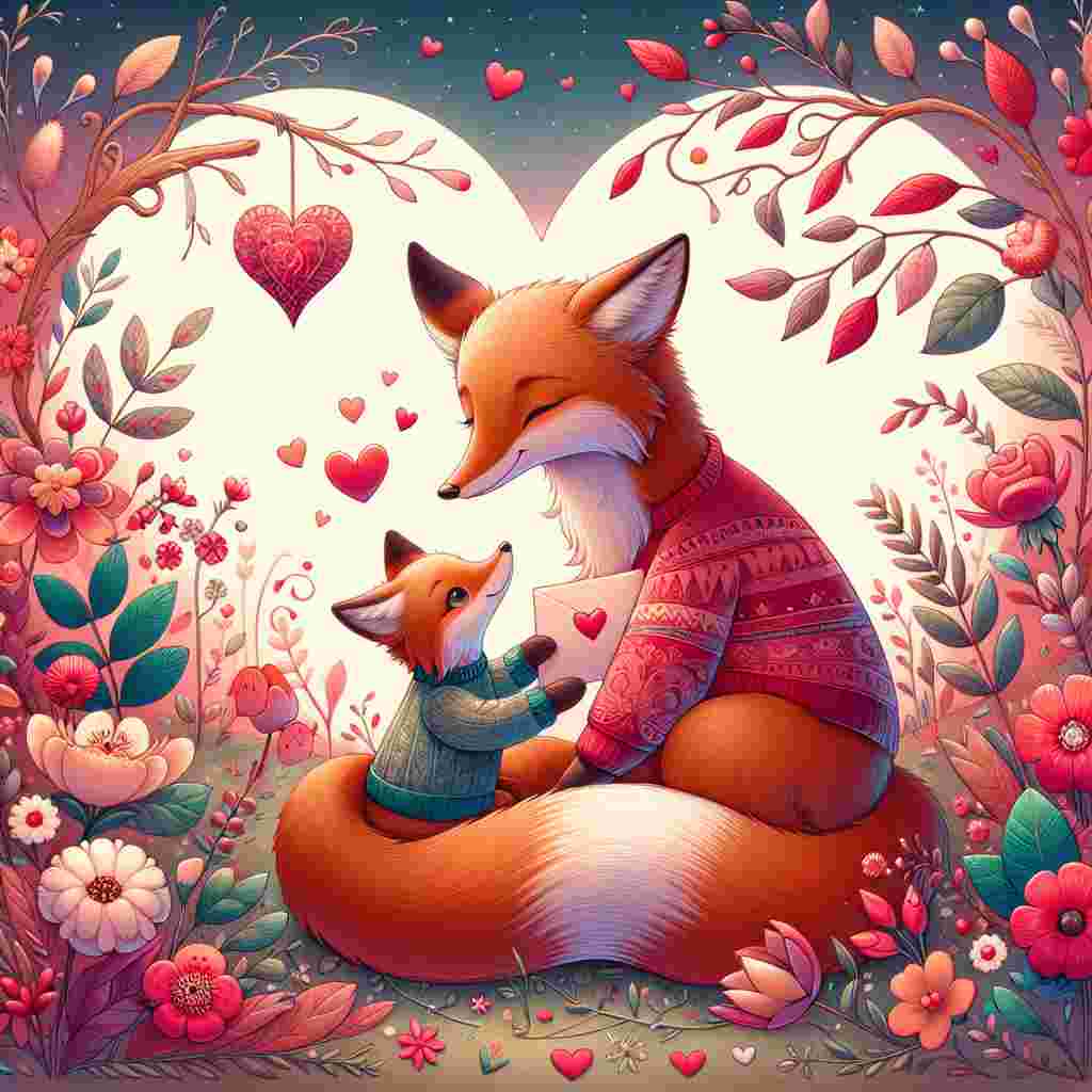 Create a charming illustration that captures a tender moment on Valentine's Day, emphasizing the love within a family. The scene is set in an imaginative landscape where a fox cub nestles close to its parent, known as 'baba'. They are surrounded by nature's beauty including vibrant flowers blooming in shades of pink and red, and a background composed of heart-shaped leaves - symbolizing the celebration of love. The parent and child communicate a deep, wordless bond with their soft, gentle gaze. Between them, they hold a handcrafted Valentine's card - a representation of their fondness for one another.
Generated with these themes: Fox cub, baba, son.
Made with ❤️ by AI.