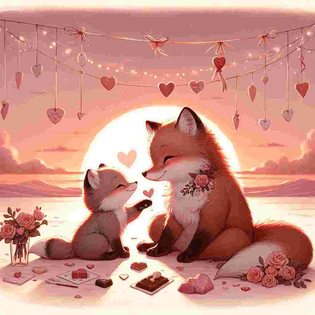 A tender Valentine's Day illustration, showcasing a touching scene where a fox cub interacts lovingly with its parent (referred to as 'baba'), symbolizing the cherished relationship between a child and parent. They are settled comfortably in an open space festooned with celebratory accents which include strings of paper hearts, delicate blush roses, and scattered chocolate treats. The sky overhead is imbued with the gentle luminescence of a sunset, wrapping the pair in a comforting glow. The fox cub extends a tiny, skillfully crafted valentine towards its parent, encapsulating the wholesome and pure love that echoes on this special occasion.
Generated with these themes: Fox cub, baba, son.
Made with ❤️ by AI.