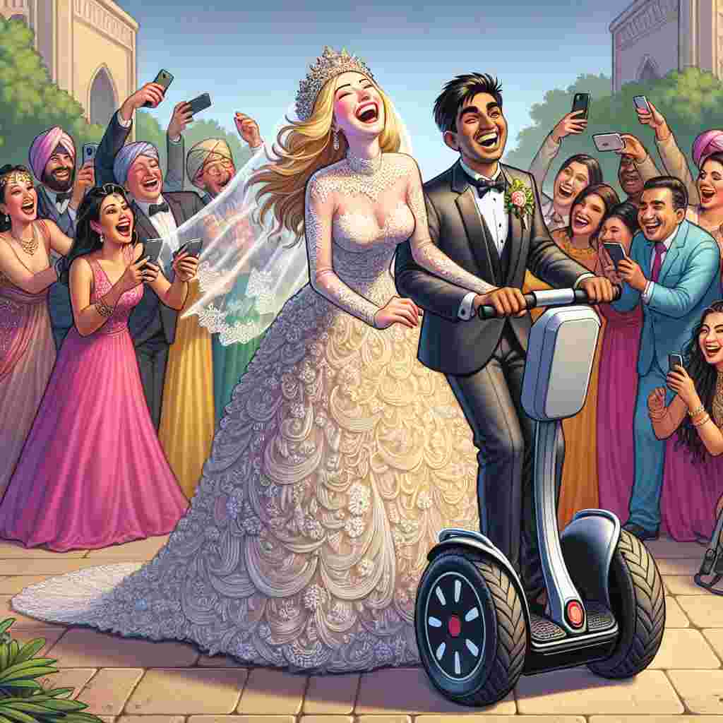 Illustrate an amusing wedding scenario in which a Caucasian blonde bride, wearing an intricately adorned gown, is teetering on a Segway. Her laughter is magically alive in the scene, and her veil is fluttering in the breeze. Alongside her, a groom of South Asian descent is trying to match her pace on his own Segway, with a puzzled yet delightful expression on his face. Set against them is a vibrant gathering of family and friends of diverse descents, everyone cheering them on and seizing the moment through their digital gadgets. The unexpected use of Segways adds a distinct charm to the entirety of the wedding illustration.
Generated with these themes: Segway, and Blonde.
Made with ❤️ by AI.