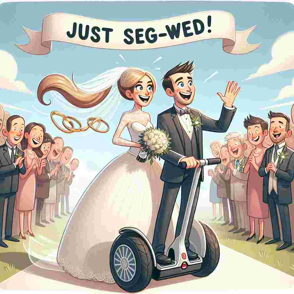Create a playful wedding-themed illustration where a Caucasian bride with flowing blonde hair and a traditional white wedding dress, alongside a smiling groom, are riding Segways down the aisle. Their amused guests watch this somewhat unusual spectacle. The bride's veil is fluttering in the breeze behind her, adding a touch of whimsy to the scene. The groom, steering his Segway confidently with one hand, warmly waves to the crowd with the other. A banner floats above them, playfully declaring 'Just Seg-wed!' with a graphic of two interlinked wedding rings.
Generated with these themes: Segway, and Blonde.
Made with ❤️ by AI.