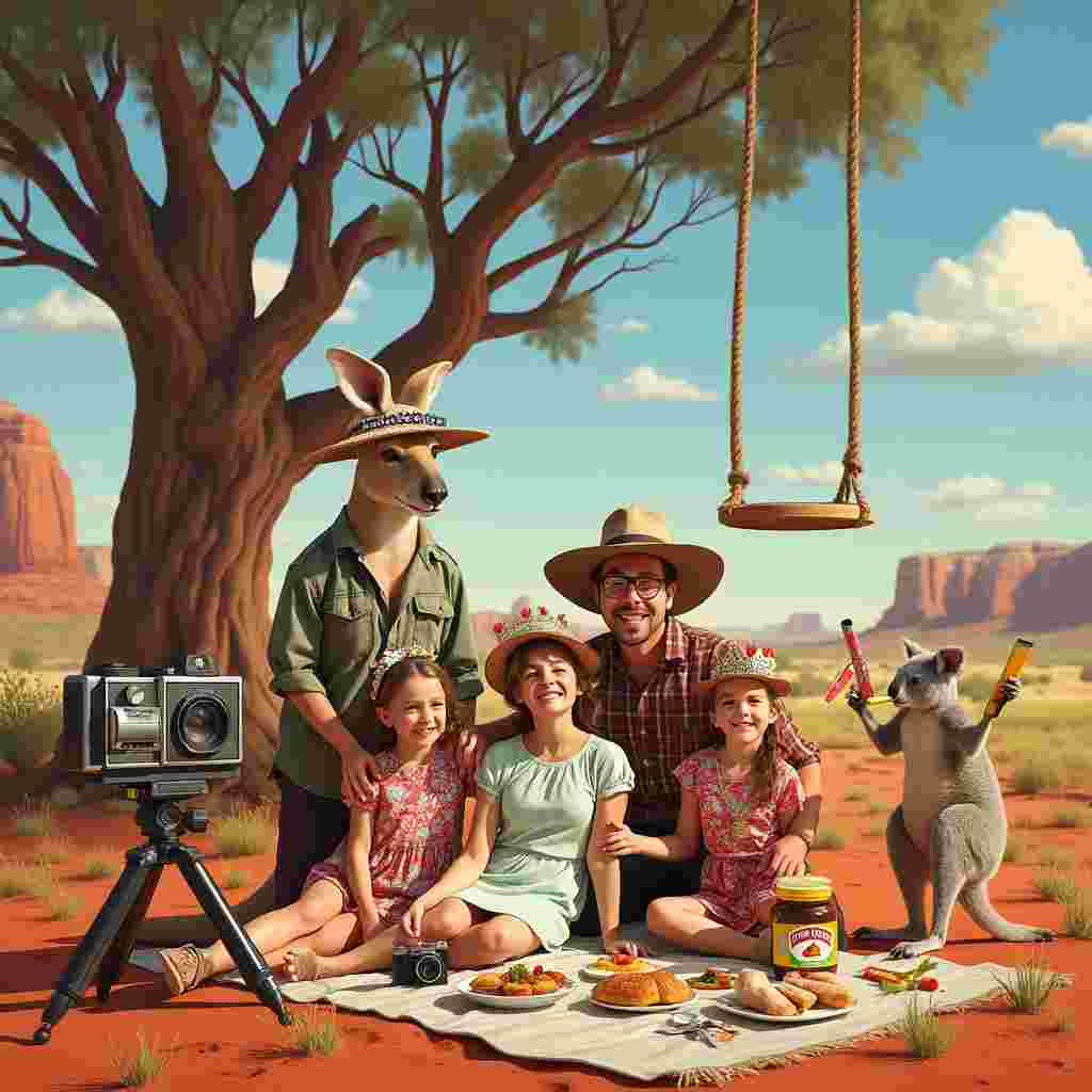 Picture a sun-soaked, whimsical Australian outback with an expansive red earth landscape stretching into the distance, dotted with sporadic tufts of vibrant green eucalyptus trees and kangaroos lazily hopping around. Center stage is a large, gnarly gum tree with a rope swing hanging from one of its sturdy branches.

In the foreground, we see a comically oversized kangaroo, acting as the family's "photographer," holding a classic box camera on a tripod. The kangaroo is wearing an oversized "Crocodile Dundee" hat tilted jauntily to one side, and is looking through the camera’s viewfinder with a mischievous grin.

To the right, a koala, acting as the kangaroo's assistant, is perched on a low branch of the gum tree, holding a makeshift reflector made from a large piece of aluminum foil, trying to direct the sunlight just right. The koala wears tiny, round glasses and has a clipboard in one paw.

Posing in front of the camera is the whole family: the wife, son, daughter-in-law, and two granddaughters. The wife is in the middle, seated on a large picnic blanket spread with an array of iconic Australian snacks like fairy bread and lamingtons. She wears a floral dress and an unmistakably large, bejeweled birthday tiara that reads "Birthday Queen" in glittering letters.

To her left stands her son, wearing a classic Akubra hat and a plaid shirt, holding a boomerang in one hand while affectionately putting his other arm around his wife. His wife, to his right, has a wide-brimmed sun hat, a camera slung around her neck, and a Vegemite jar comically large for effect, held as if it’s an award.

The two granddaughters, dressed in matching colorful sundresses and Akubra hats, are flanking their grandmother, each holding one of her hands. One granddaughter is blowing into a party blower while the other holds a small, friendly-looking koala plush toy.

Above them, written in whimsical, curly letters on a floating banner held up by two mischievous cockatoos, are the words "Happy Birthday from Down Under!"

In the background, you can see the faint silhouette of Uluru, Australia's iconic natural landmark, adding to the sense of place. The sky is a deep blue with fluffy white clouds, and a cheerful rainbow arches across it, adding an extra touch of magic to the scene.

This vibrant and bustling tableau captures the unique blend of themes with humor and heart, making it a perfect birthday card cover.
Generated with these themes: Photography  Australia  wife  son daughter in law 2 grandaughters.
Made with ❤️ by AI.