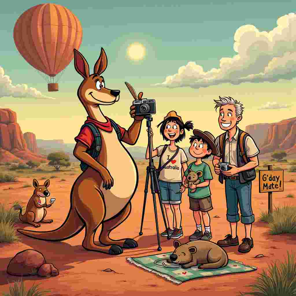 In the middle of an Australian outback landscape, complete with red earth, distant eucalyptus trees, and a blazing sun, stands a whimsical cartoon kangaroo holding an old-fashioned camera on a tripod, channeling Charles Schulz's whimsy. The kangaroo has a quirky grin, with a classic shutter button under its paw, reminiscent of a classic Disney character in its expressive design. 

To the kangaroo's right is a wide-eyed, adventure-ready family: the father, dressed in an "I ❤️ Australia" shirt, holding a boomerang mid-throw, a nod to the iconic Calvin and Hobbes exuberance. Beside him, his wife holds a koala bear, grinning as if she’s just discovered it, drawing inspiration from Hergé's Tintin characters in their delightful interaction with their surroundings. 

Next to her is their son, a spiky-haired young man with a camera slung around his neck, capturing the moment while his wife, dressed in stylish hiking gear, laughs as she takes a selfie with one of their two granddaughters. This homage to Osamu Tezuka is seen in their expressive manga eyes filled with joy.

The two granddaughters are in the foreground, with one riding a wombat and the other wearing an oversized Akubra hat that almost covers her face, bringing in the playful essence of Bill Watterson’s Calvin. The wombat, illustrated with exaggerated features and a comically oversized nose, takes a leaf out of Gary Larson’s quirky animal sketches.

Scattered around them are quintessential Australian elements: a distant Uluru (Ayers Rock) looming majestically in the background, a mischievous cockatoo perched on a nearby signpost reading "G'day Mate!" in bold letters, and a didgeridoo laying by their picnic blanket, all carefully detailed to echo Will Eisner's attention to environmental detail.

In the sky, there’s a charmingly illustrated hot air balloon in the shape of a giant dingo’s head, a nod to R. Crumb's surrealistic touch. The backdrop includes the rolling hills and distant billabongs, creating an immersive outback feel.

All these elements combine to tell a delightful, multi-generational story of a family adventure in the heart of Australia, filled with laughter, love, and photo-worthy moments.
Generated with these themes: Photography  Australia  wife  son daughter in law 2 grandaughters.
Made with ❤️ by AI.