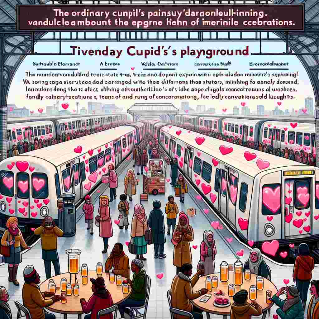Visualise a lively train station transformed into Cupid's playground on Valentine's Day. Trains and buses within the station become enchanting rides with the outer structures adorned with whimsical, heart-shaped decals. Different passengers, varying in descent and gender, displaying surprise and delight, add to the unique atmosphere. The multicultural transit staff, playing the role of friendly hosts, embellishes the overall experience. Consider the sight of free-flowing apple cider reminding of timeless celebrations and the pleasant hum of friendly conversations wafting through the air. The frame should capture how the ordinary routine transit has miraculously turned into a lively, endearing community gathering filled with laughter.
Generated with these themes: Buses trains cider friends .
Made with ❤️ by AI.
