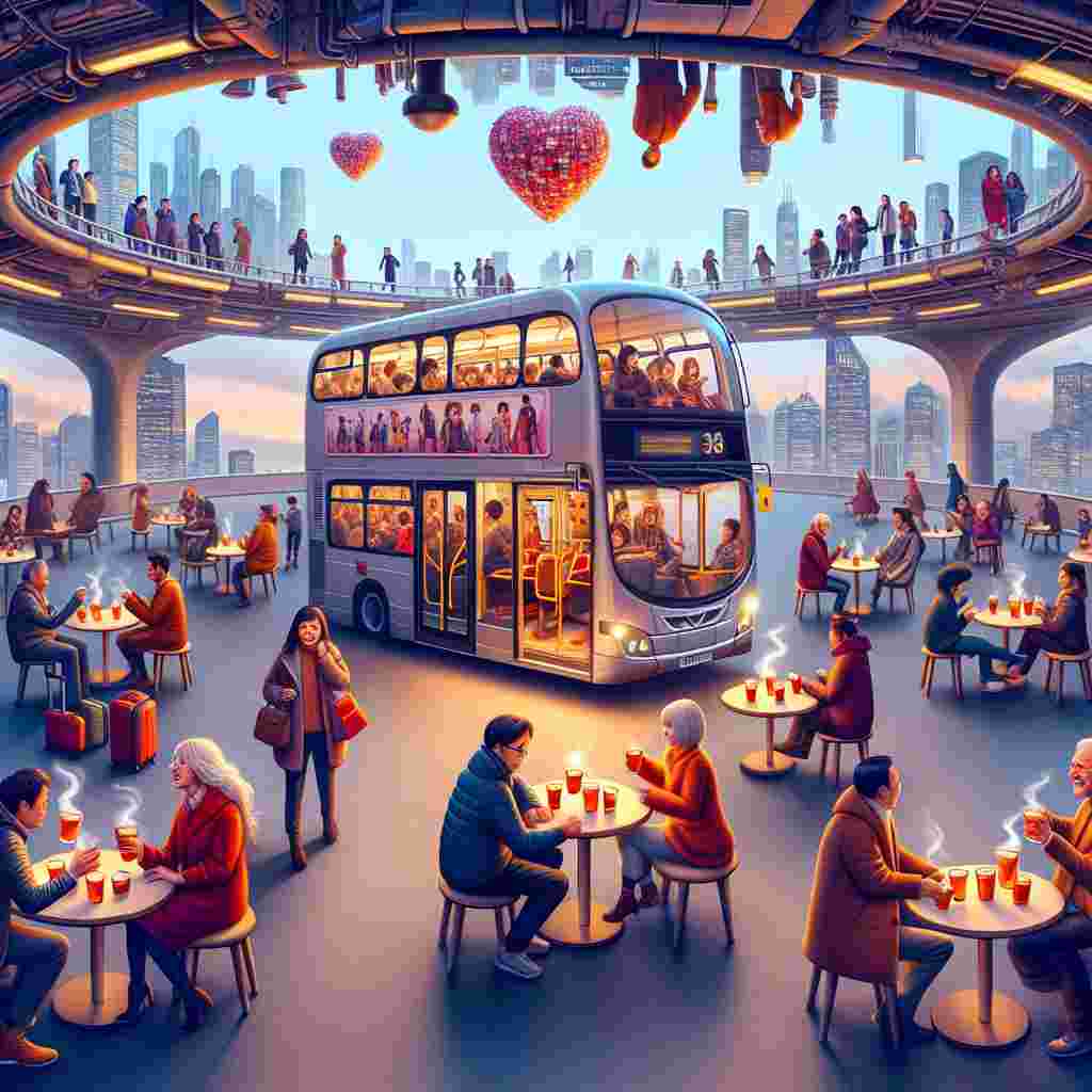 Create an image of a vibrant city teeming with life for a Valentine's Day special. Visualize the scenario where public transport vehicles like buses and trains morph into flirtatious matchmakers, surprising commuters who laugh at the unexpected transformation of their regular seats into cozy, cider-serving love booths. People of various descents and genders, possibly returning from different occupations, find temporary friendships over shared steaming cups of hot apple cider. They create a warm, hospitable scene, turning the mundane act of commuting into an unexpected celebration of connection and camaraderie, capturing the essence of human touch in a bustling city.
Generated with these themes: Buses trains cider friends .
Made with ❤️ by AI.