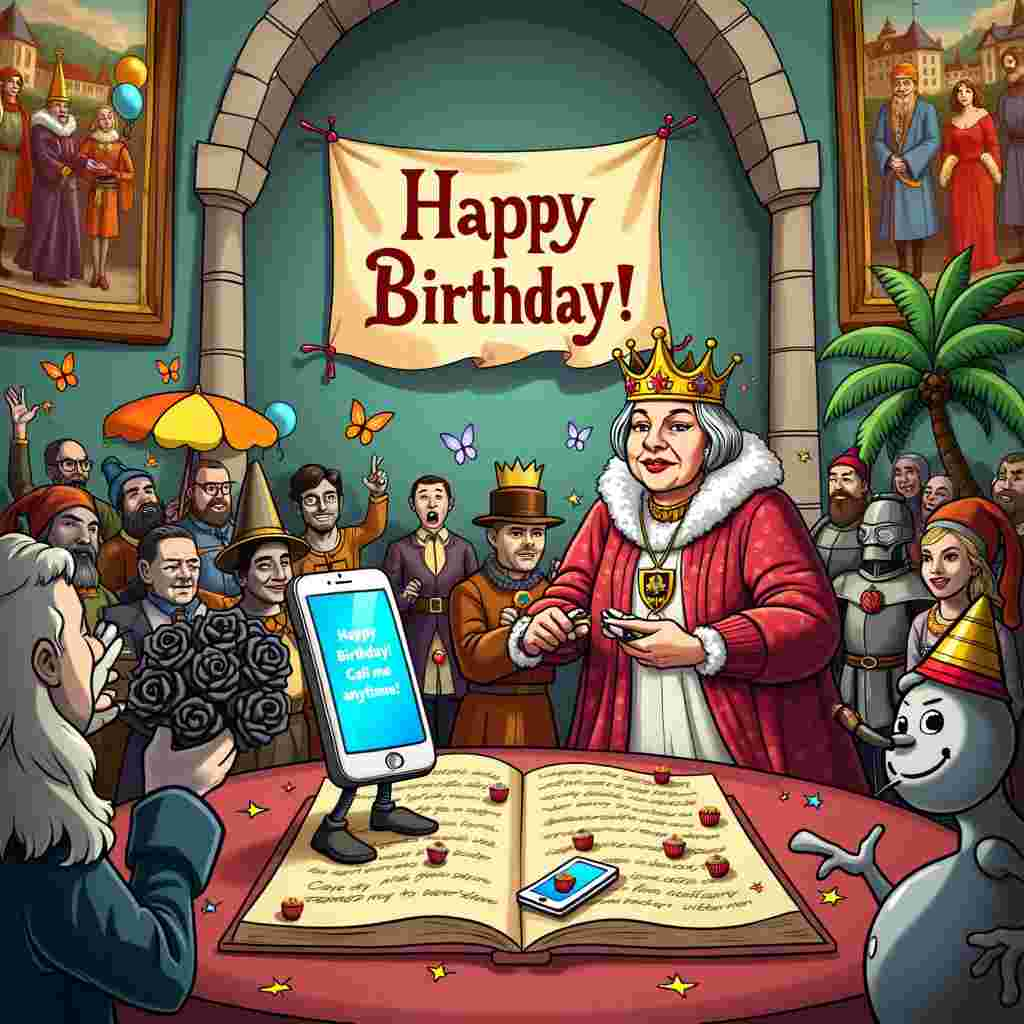 In the bustling, cartoonish scene of a birthday party set in a grand, yet whimsically decorated castle, the walls are adorned with rich tapestries depicting comically exaggerated medieval scenes, each of them humorously altered to feature birthday elements. In the center of the scene stands the regal Queen, her crown slightly askew, holding a giant, oversized nail file as she inspects her perfectly manicured nails. Her robe is adorned with colorful birthday balloons and confetti patterns.

To the left, an animated smartphone, complete with arms and legs, dances around merrily, its screen displaying a vibrant message: "Happy Birthday! Call me anytime!" The phone is energetically interacting with the other guests, taking selfies and recording videos of the event.

In a quirky twist, a somber figure dressed in classic Victorian funeral attire, complete with a top hat and a monocle, stands to the side, trying unsuccessfully to look grim while holding a bouquet of black roses that suddenly burst into colorful butterflies. This character's solemn expression contrasts humorously with the festive atmosphere around him.

Adjacent to this, a holiday-themed corner is set up with a beach umbrella, a small sandbox, and a snowman wearing a Hawaiian shirt and sunglasses, seemingly melting in the indoor heat. A palm tree, inexplicably growing inside the castle, has string lights shaped like tiny birthday candles hanging from its branches.

All around the scene, party-goers in medieval attire mix with modern touches—knights in shining armor hold party blowers, jesters juggle cupcakes, and ladies-in-waiting wear party hats. In the background, a large banner reads "Happy Birthday!" in an elegant, calligraphic font, humorously drawn to appear as though it’s been scribbled over a royal proclamation.

This vibrant and chaotic blend of themes creates a unique and humorous birthday card cover, telling a story that merges regal elegance, modern technology, and playful absurdity in a way that brings all these disparate elements together seamlessly.
Generated with these themes: Queen, Nails, Holiday, Phone, and Funeral.
Made with ❤️ by AI.