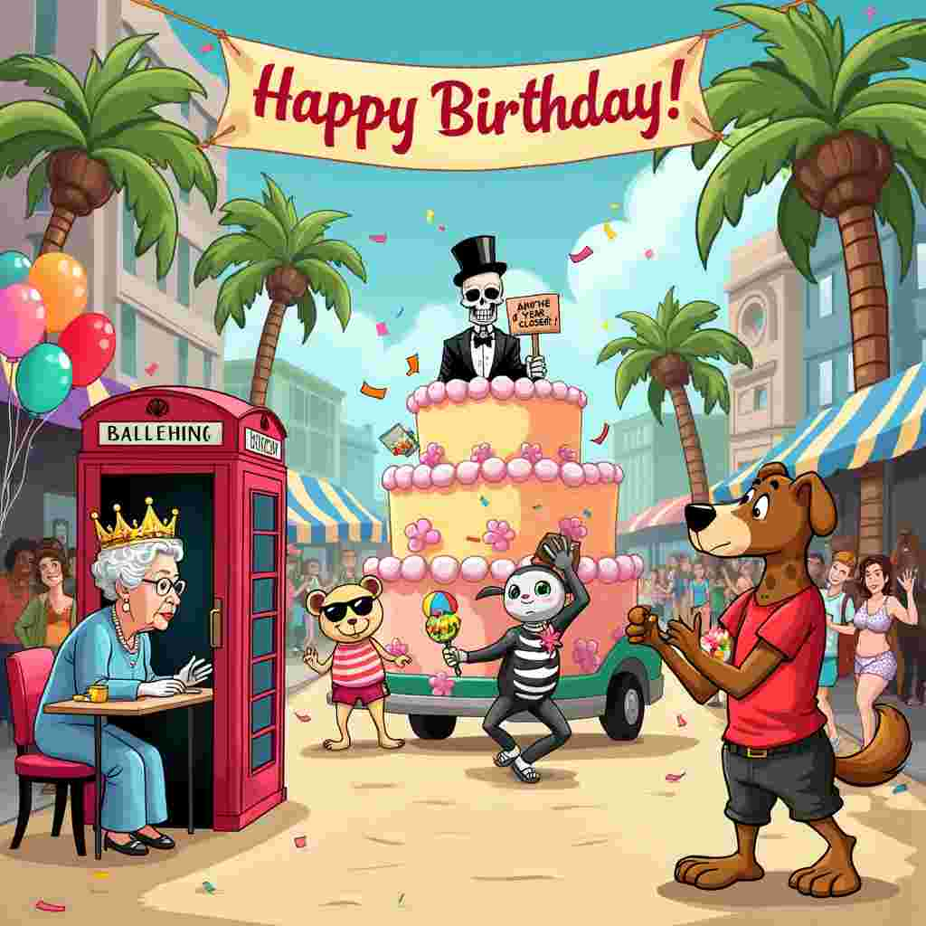 In the bustling, colorful world of the birthday card, the scene is a mashup of whimsical and hilarious elements that intertwine all the requested themes. Picture a cartoon-styled street fair with festive birthday decorations like balloons, streamers, and a big banner that reads, "Happy Birthday!"

To the left of the scene, Queen Elizabeth II, drawn in a playful caricature style, is seated at a makeshift nail salon booth. Her royal crown is slightly tilted, and she’s intently choosing a shade of nail polish from a palette held by a penguin wearing a tiny butler's uniform. The penguin's monocle and bow tie add a comical touch to its formal attire.

Adjacent to the Queen’s nail booth, there’s a phone booth, but this isn't an ordinary one; it’s a gigantic, retro red phone booth with cartoonishly large buttons. A line of characters, including a sunbathing alien in shades and a bear in a Hawaiian shirt, waits impatiently to make calls. Some of them hold vintage rotary dial phones, adding to the quirky feel.

In the center, a vibrant parade is happening. A float shaped like a massive birthday cake rolls by, and perched on top of it is a jovial skeleton dressed in a tuxedo and top hat. The skeleton is holding a sign that reads, “Another Year Closer!” with a cheeky grin, humorously nodding to the "funeral" theme. The float is followed by a group of lively cartoon animals on holiday—think a giraffe in swim trunks with a beach ball, and an octopus wearing sunglasses and a floral lei, each waving little flags and tossing confetti.

To the right, there's a picturesque tropical holiday scene. A tiny, serene beach is set up with palm trees, and a sandcastle adorned with birthday candles stands proudly. In the foreground, a cartoon dog wearing a lifeguard shirt and a whistle around its neck is attempting to control the chaos, blowing a whistle and waving a clipboard.

In the sky above, a friendly, smiling airplane banner swoops by with the message "Happy Birthday!" trailing behind it, and the plane’s pilot—a cheerful duck in an aviator cap—gives a thumbs-up out of the cockpit window.

The entire scene is brimming with bright colors, dynamic lines, and plenty of humorous details that tie all the themes together into a fantastically quirky and joyful birthday celebration.
Generated with these themes: Queen, Nails, Holiday, Phone, and Funeral.
Made with ❤️ by AI.