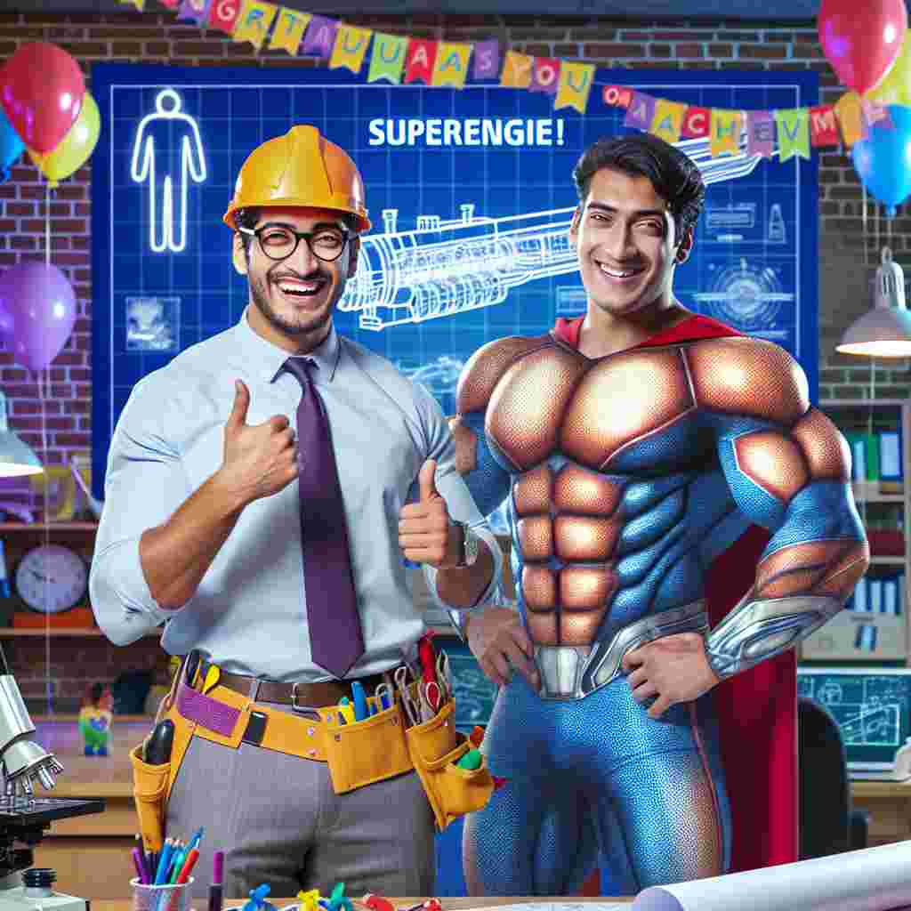 In a vibrant, bustling laboratory, a Hispanic male engineer wearing a hard hat and a colourful tool belt is laughing heartily, pointing at a blueprint that illustrates a 'SuperEngine'. Next to the engineer floats a muscled person in a distinctive spandex suit, giving a thumbs-up. This person wears a tie and a pocket protector, sporting an engineer's cap, symbolizing the fusion of heroism and engineering achievements. Balloons and streamers decorate the laboratory, and a hanging banner reads 'Congratulations on your super achievement!'
Generated with these themes: Superman , and Engineer .
Made with ❤️ by AI.