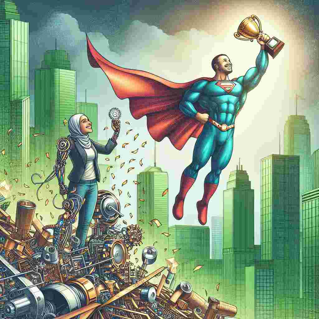 A person, depicted as a typical superhero, endowed with a radiant smile, ascends above an emerald city filled with towering skyscrapers, grasping a shimmering trophy in one hand. Below the ruling figure, a Middle-Eastern female engineer radiates pride standing amid a pile of complex blueprints and gleaming machineries, her hand hoisting a wrench in triumph. Alongside her, her latest creation, a fanciful robot, lends to the festive atmosphere by strewing confetti over the pairing. The image as a whole conveys delight and appreciation, visually punctuated by a speech bubble from the flying hero saying, 'Great job, you're a true hero of innovation!'
Generated with these themes: Superman , and Engineer .
Made with ❤️ by AI.