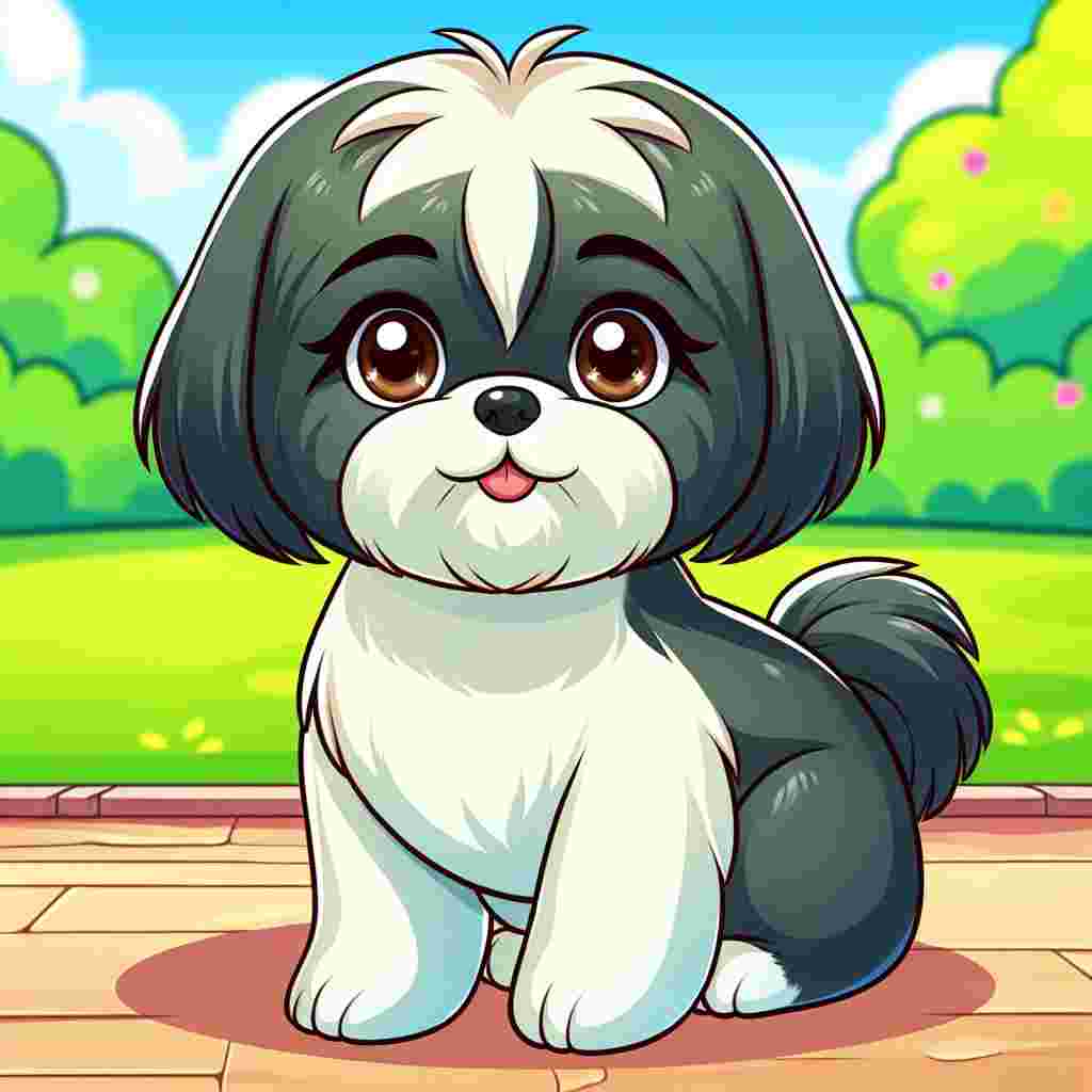 Create a vibrant image set in a delightful cartoon environment. The scene's focus is an adult Shih Tzu with well-defined proportions, possessing a shining coat of white and black fur. Its eyes, a soft, kind brown, radiate a sense of affability, setting the viewer at ease. The backdrop should be deliberately blurrier in order to highlight the distinctive hues and captivating charm of the friendly pet.
.
Made with ❤️ by AI.
