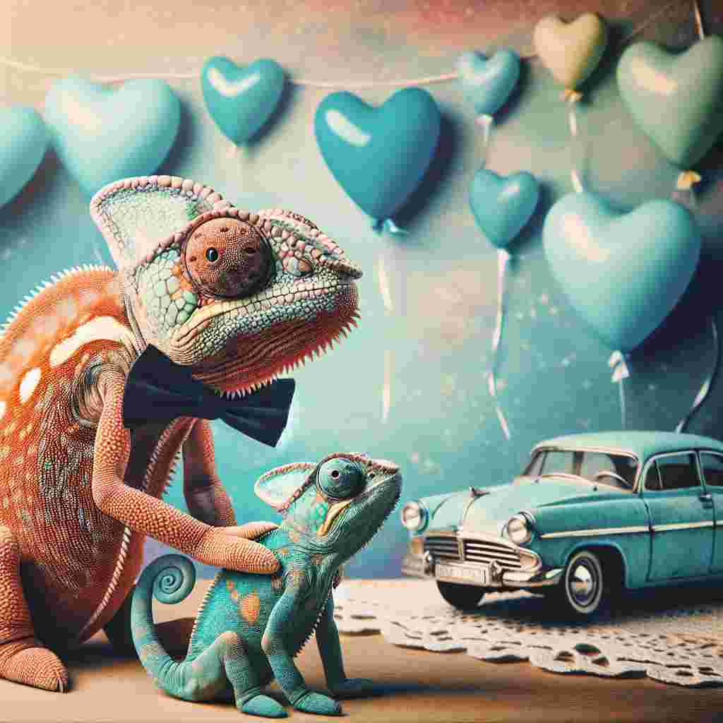 Imagine an enchanting portrayal of two chameleons as the primary subjects. The larger chameleon, symbolizing a father, is tastefully dressed in an appealing bow tie, giving undivided attention to the small hatchlings. This scene is set against a backdrop assorted with different hues of gentle blue, accentuating the contrast with a blue vintage style car parked eccentrically in the vicinity. Multiple heart-shaped balloons drift in the environment, infusing a sense of Valentine's Day emotion into this captivating depiction of familial bonding.
Generated with these themes: Chameleons , Daddy, Colour blue, and Blue lotus car.
Made with ❤️ by AI.
