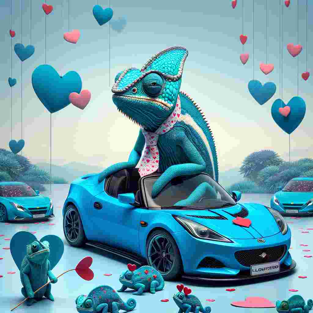 Depict a unique scene featuring a male chameleon, distinguished by a heart-patterned tie, perched atop a distinctively colored blue lotus car. This lotus car, designed in vibrant hues of blue, stands out against the backdrop of a pastel blue landscape, environmental components speckled with heart confetti for festive flair. The chameleon's gaze conveys a sense of endearing love and anticipation, fixated on an unseen character in the distance, emphasizing an atmosphere befitting of Valentine's Day. Teeming around him are tinier chameleons, each holding onto a blue Valentine's card, prepped to partake in the celebratory day of love.
Generated with these themes: Chameleons , Daddy, Colour blue, and Blue lotus car.
Made with ❤️ by AI.