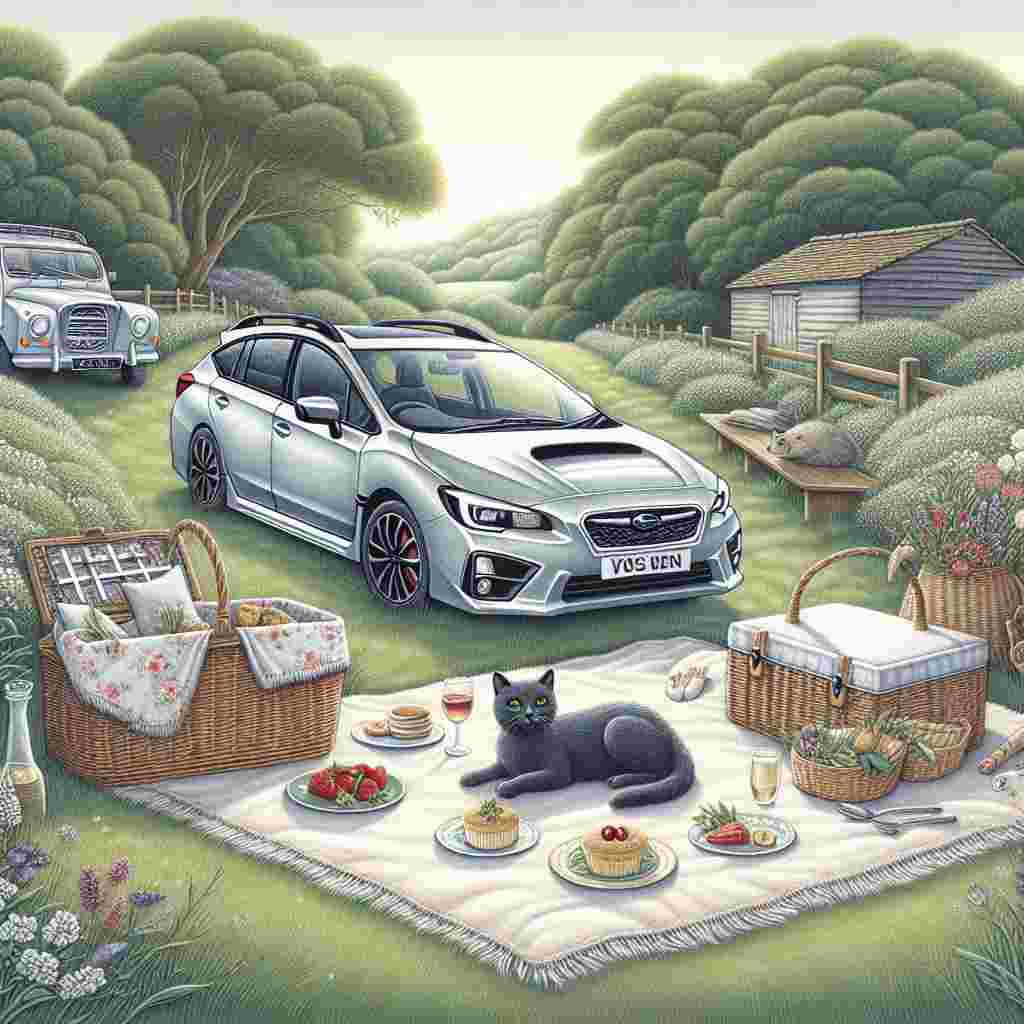 A quaint, Valentine's Day-themed illustration depicting a serene English countryside setting. The scene includes a light silver Subaru Impreza estate car parked nearby. Also prominent in the scene is a romantic picnic setup. It features a cozy blanket spread on the lush, verdant grass. A picnic basket, overflowing with delectable treats complement the setup, accompanied with a vase filled with freshly picked wildflowers. A black cat, appearing friendly and curious adds charm to the scene, sitting at a short distance from the picnic, gazing endearingly at the spread. This image emits an air of tranquility and affection.
Generated with these themes: Light silver subaru impreza estate car, English countryside, Picnic, and Friendly black cat.
Made with ❤️ by AI.