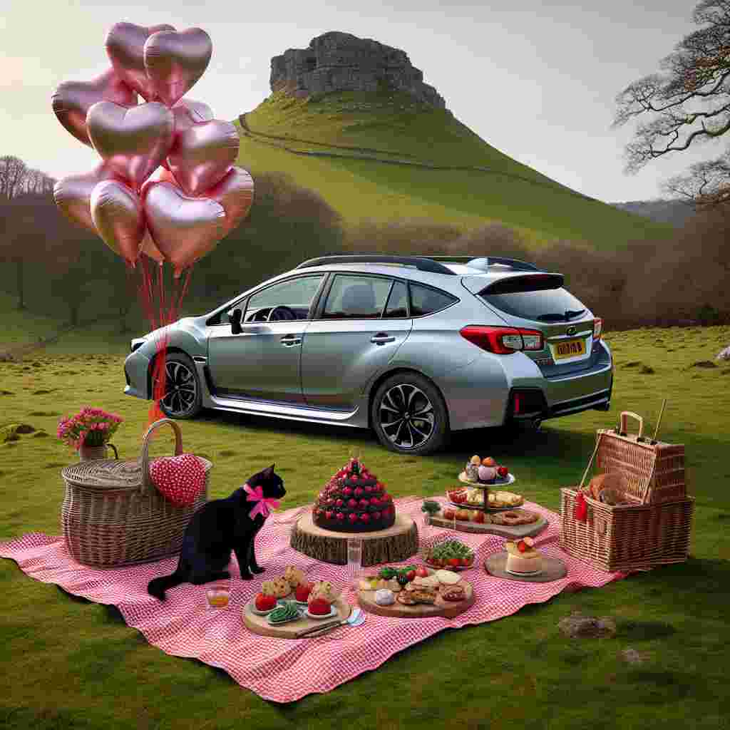 At the crest of a tranquil English countryside hillock sits a light silver estate car, styled similar to a Subaru Impreza. Dominating the foreground, a playful picnic setting unfolds. A classic red and white gingham blanket decks the grass, accessorized with a rustic woven basket, bunches of phenomenally heart-shaped balloons, and a spread of mouth-watering delights perfect for a Valentine's Day celebration. Completing the heartwarming tableau is a friendly black feline, adorned with a festively pink ribbon collar, skillfully prancing around the idyllic picnic patch.
Generated with these themes: Light silver subaru impreza estate car, English countryside, Picnic, and Friendly black cat.
Made with ❤️ by AI.