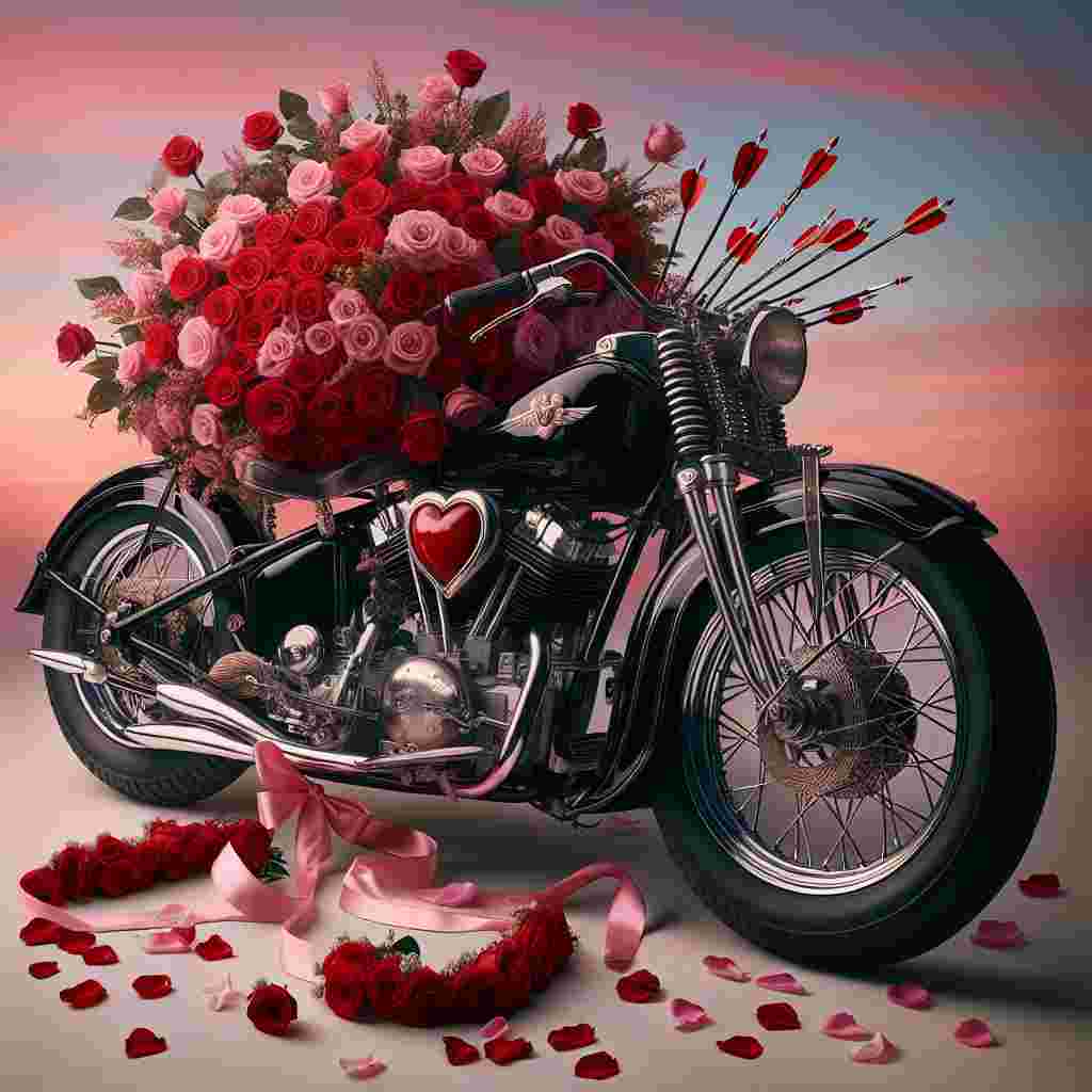 A fantastical Valentine's Day scene is pictured with a classic glossy black V-twin engine motorcycle sitting majestically at the heart of the arrangement. The engine of this bike has been whimsically replaced by an overflowing bouquet of vibrant red roses. Adding to the whimsy are delicate pink and white ribbons draped stylishly highlighting the bike's sleek curves, while Cupid's arrows have been humorously embedded into the seat. This romantic tableau is completed by a backdrop of a pastel-hued sunset sky, signaling the time of day as being on the cusp of twilight and inviting the viewer into an enchanting world of affectionate expression.
Generated with these themes: Harley Davidson motorcycles registration V2 ODD.
Made with ❤️ by AI.