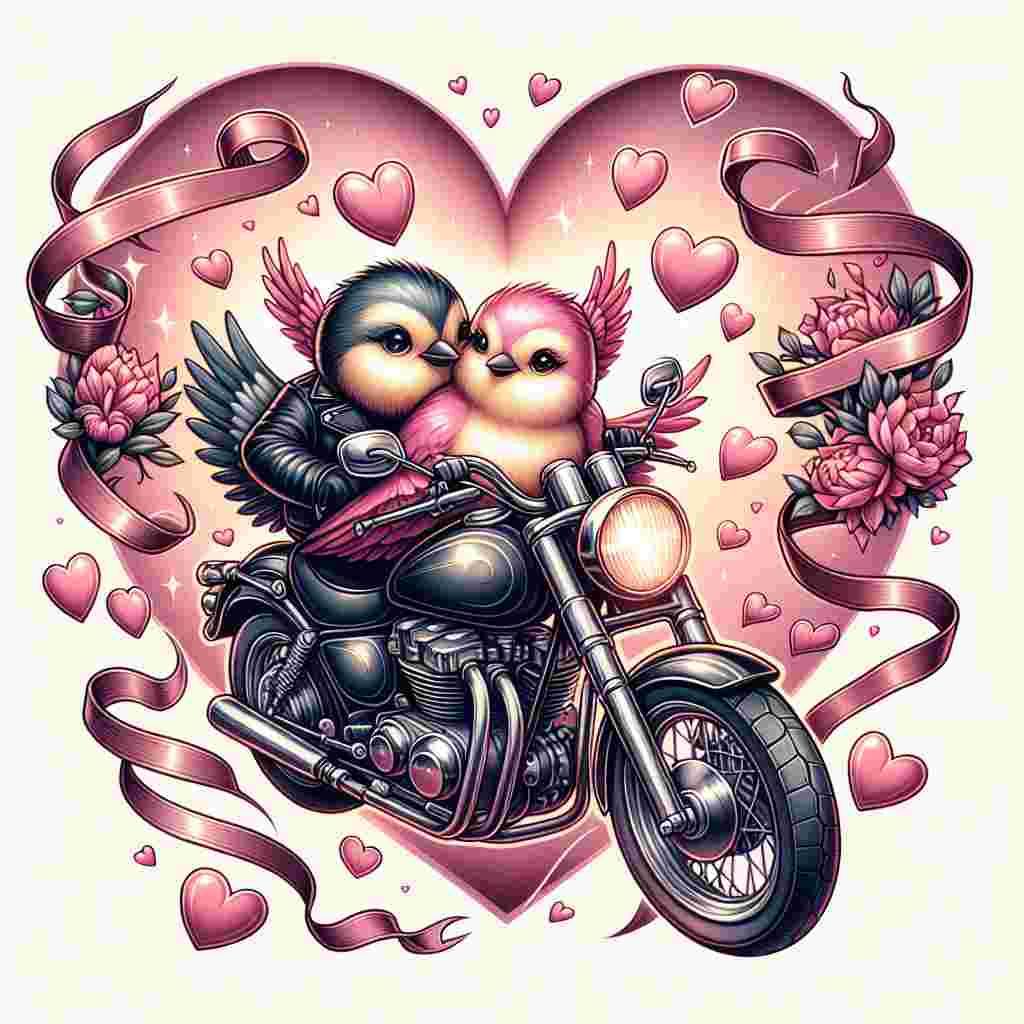 An endearing Valentine's Day themed illustration featuring two lovebirds on a small classic motorcycle, decorated with vibrant hearts and ribbons fluttering in the breeze. The motorcycle, a complex fusion of chrome and timeless black, is surrounded by a gentle pink heart. The lovebirds, one male and one female, wearing matching leather jackets, share a loving look that encapsulates the essence of romance.
Generated with these themes: Harley Davidson motorcycles registration V2 ODD.
Made with ❤️ by AI.