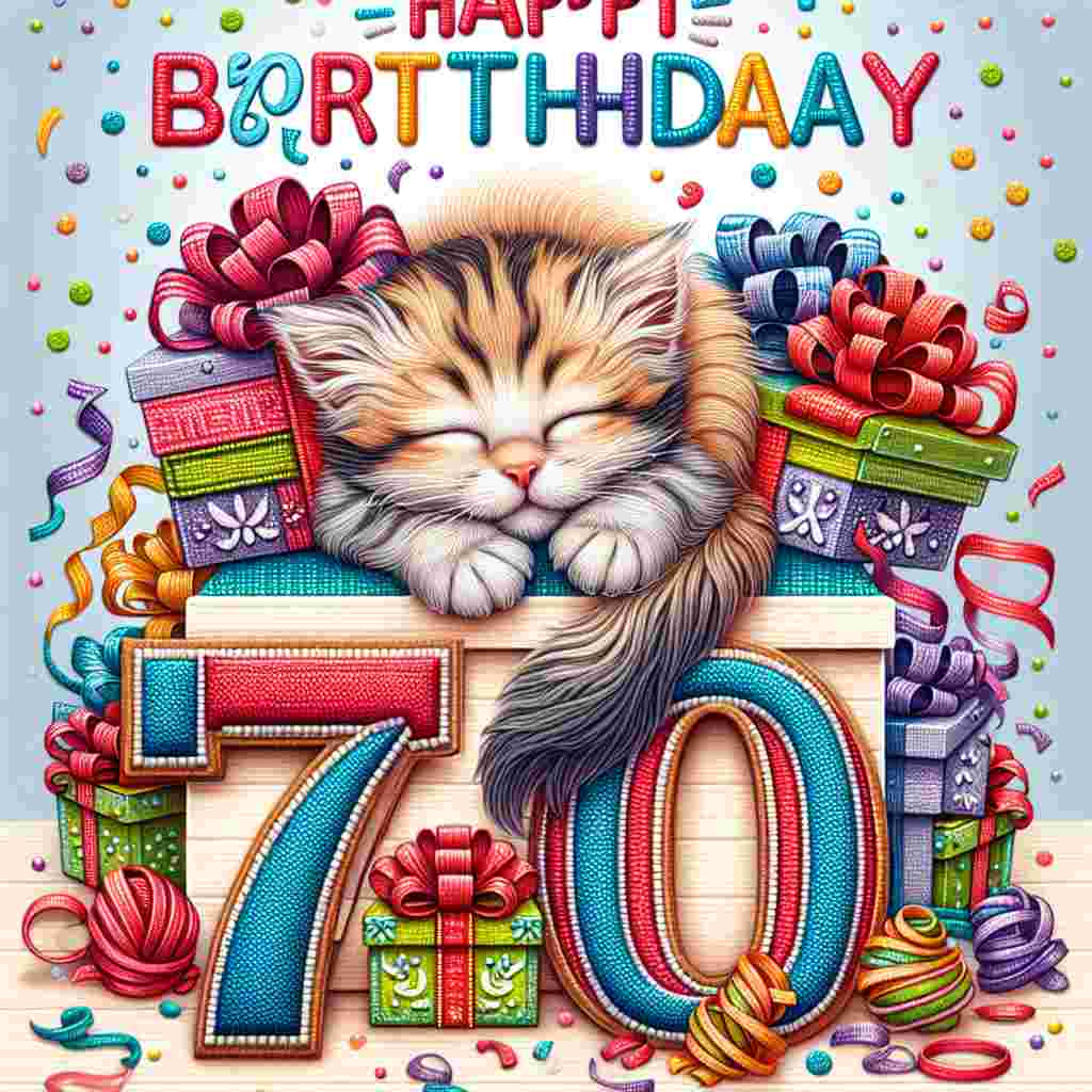An adorable depiction of a sleepy kitten nestled atop a pile of presents, each adorned with ribbons and bows that form the number '70th'. In the foreground, 'Happy Birthday' is presented in bold, cheerful letters, surrounded by a scattering of confetti and party streamers.
Generated with these themes: 70th  .
Made with ❤️ by AI.