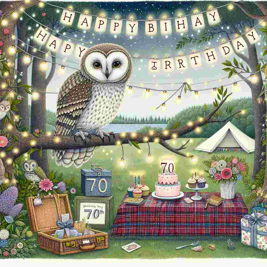 A whimsical illustration featuring a wise old owl perched on a branch decorated with fairy lights that illuminate 'Happy Birthday'. Below, a forest clearing is set with a festive picnic, complete with a tartan blanket displaying the number '70th' surrounded by cupcakes, gifts, and a floral arrangement.
Generated with these themes: 70th  .
Made with ❤️ by AI.