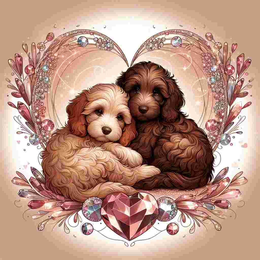 Create a delightful illustration for Valentine's Day that encapsulates the feeling of affection and warmth. In the image, there are two adorable cockapoos snuggling next to each other, one being a sandy beige color and the other a luxurious chocolate brown. Elegant lines and warm hues define the image, enhancing the sense of comfort and love. Around the dogs, there is a radiant heart-shaped wreath made up of shimmering crystals that reflect subtle tones of pinks and reds mirroring the theme of love. The overall image should emanate a feeling of tender snuggles, comforting warmth, and affection.
Generated with these themes: Cockapoos, Crystals, and Snuggles.
Made with ❤️ by AI.